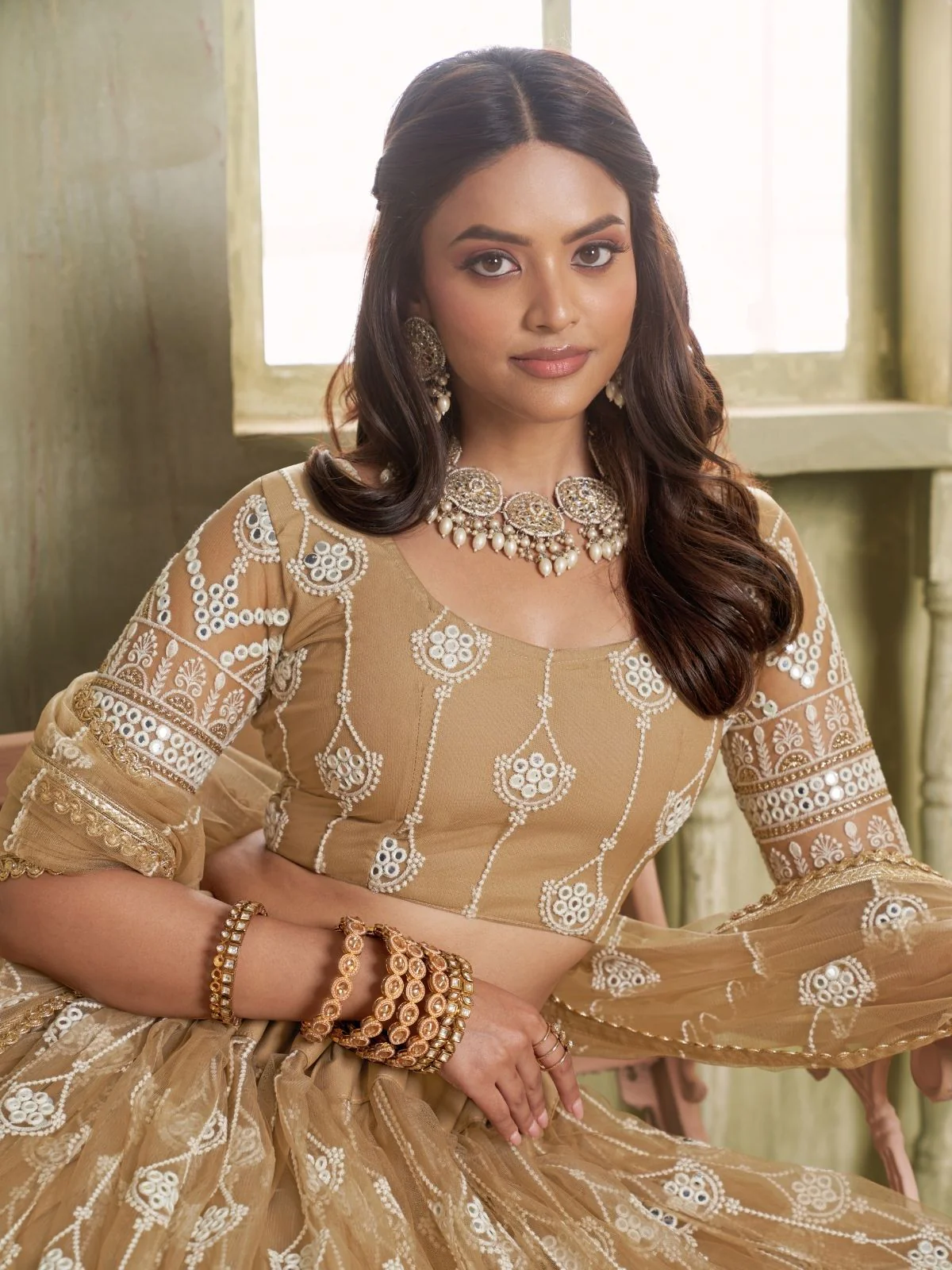 Odette Beige Net Embroidered Semi Stitched Lehenga For Women - Image 2