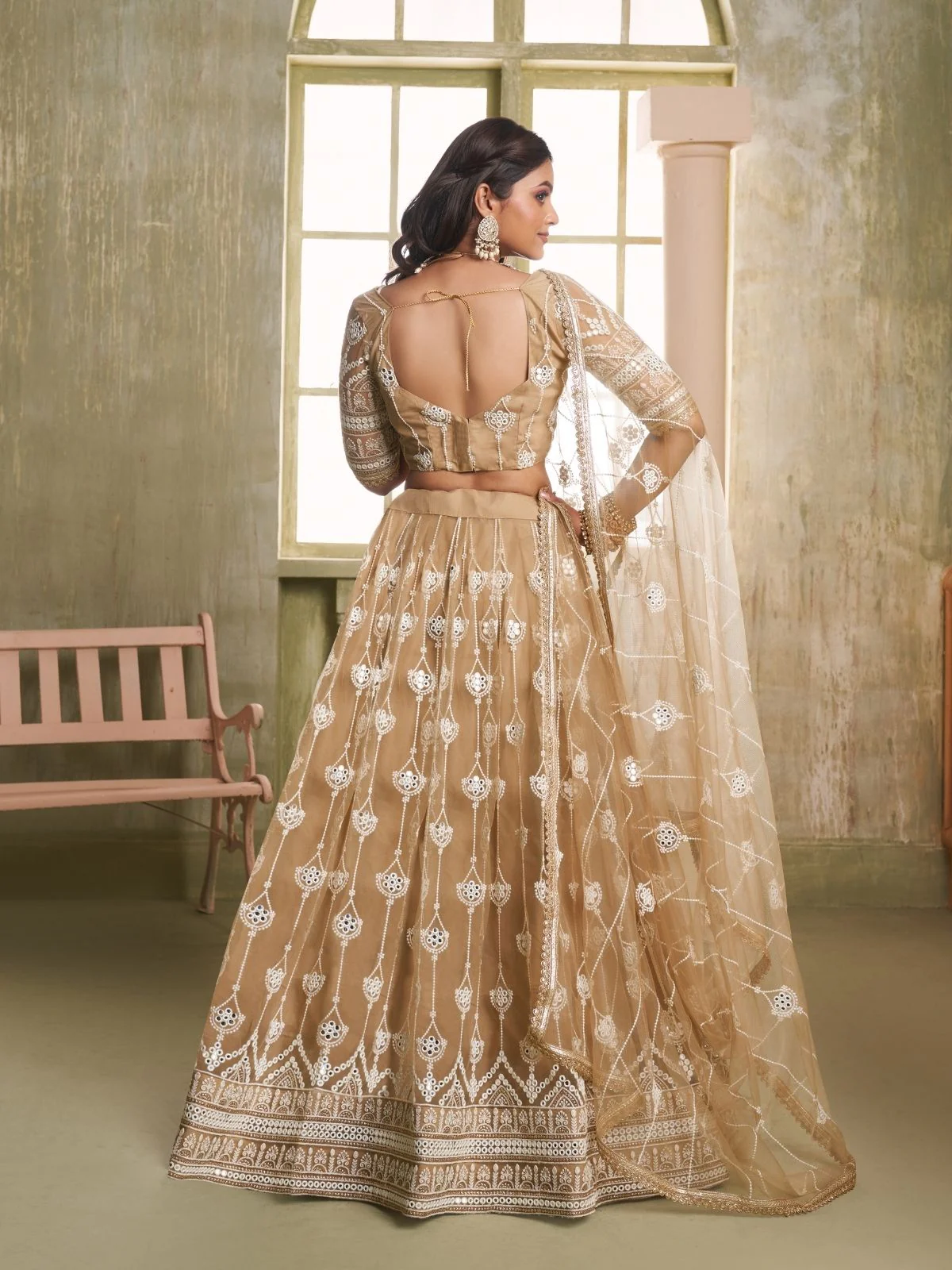 Odette Beige Net Embroidered Semi Stitched Lehenga For Women - Image 3