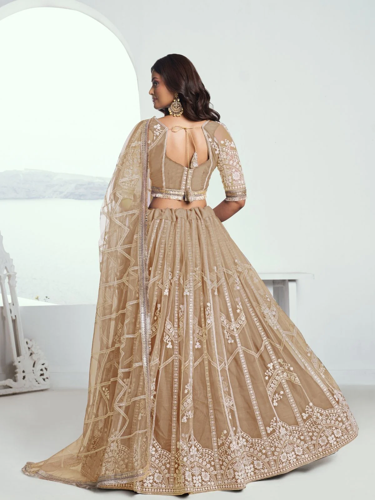 Odette Beige Net Embroidered Semi Stitched Lehenga For Women - Image 3
