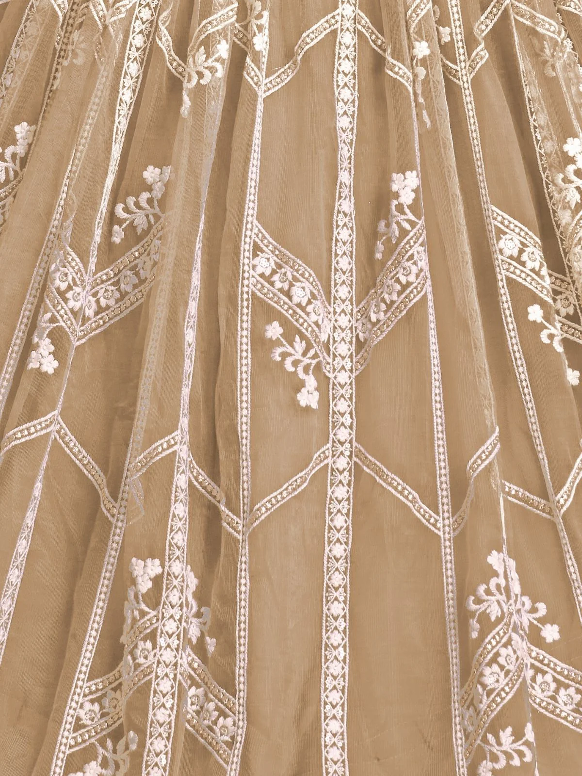 Odette Beige Net Embroidered Semi Stitched Lehenga For Women - Image 4