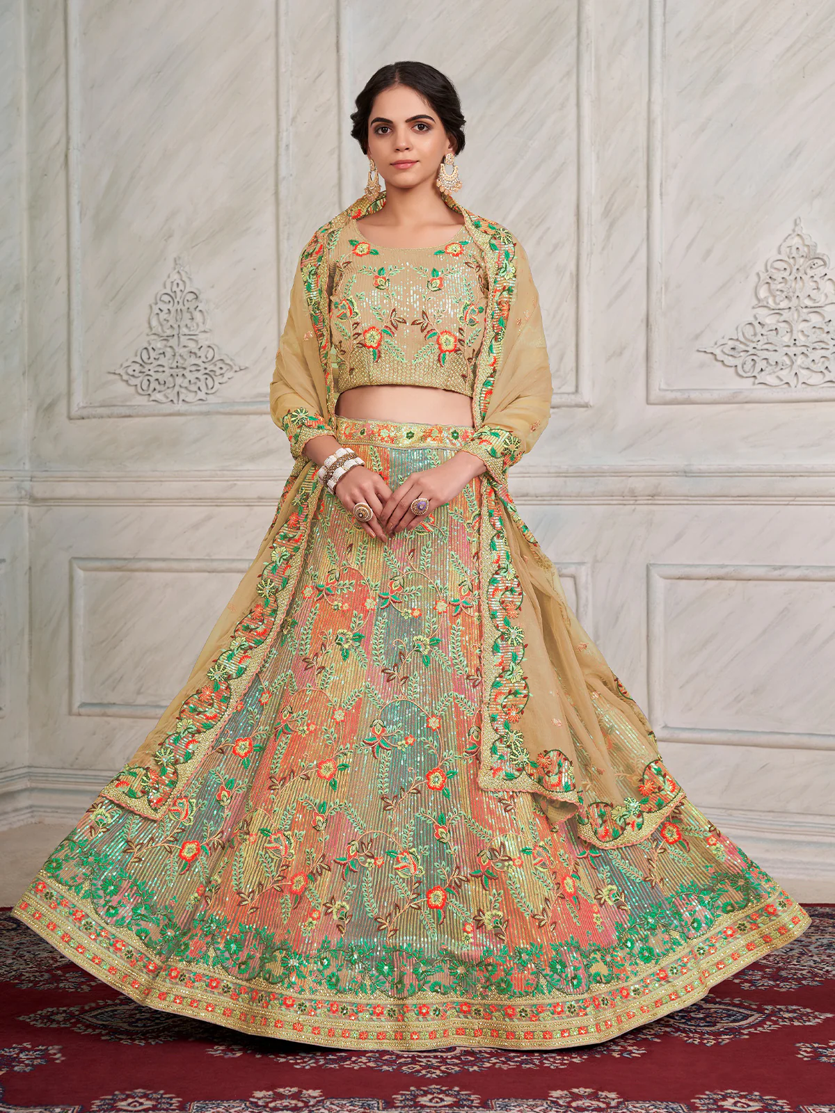 Odette Beige Net Embroidered Semi Stitched Lehenga With Unstitched Blouse for Women - Image 3