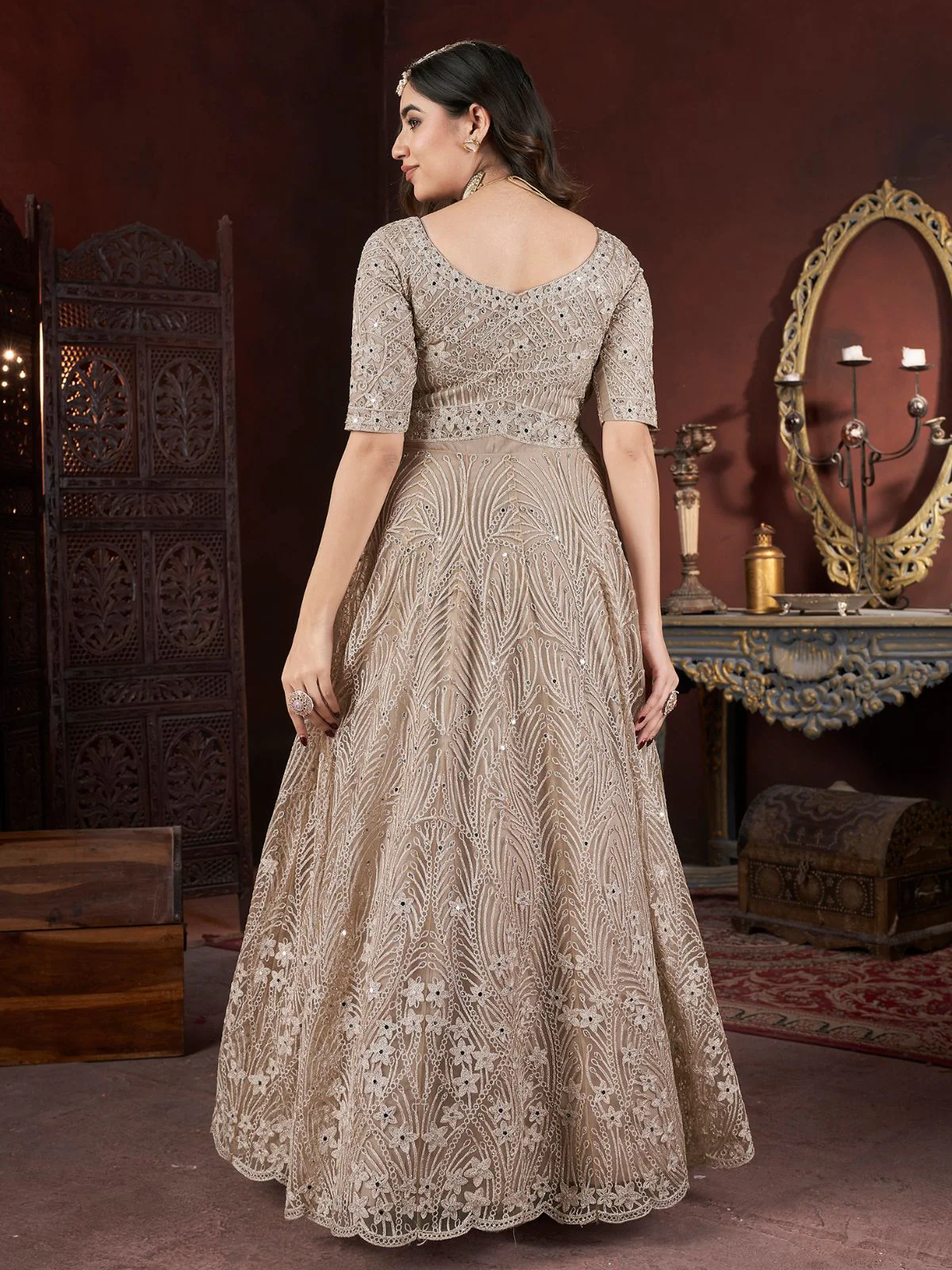 Odette Beige Net Embroidered Stitched Gown For Women - Image 3