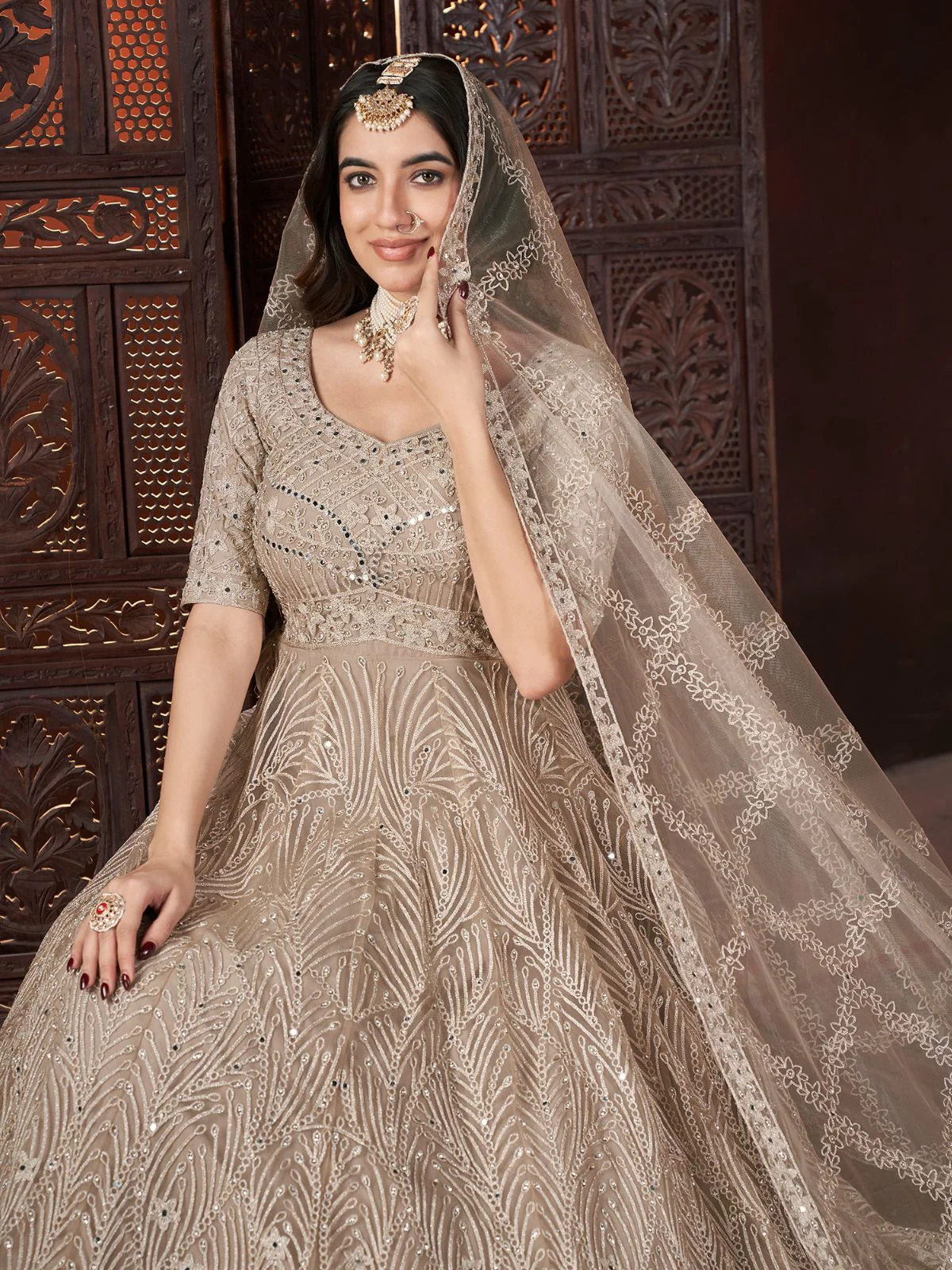 Odette Beige Net Embroidered Stitched Gown For Women - Image 4