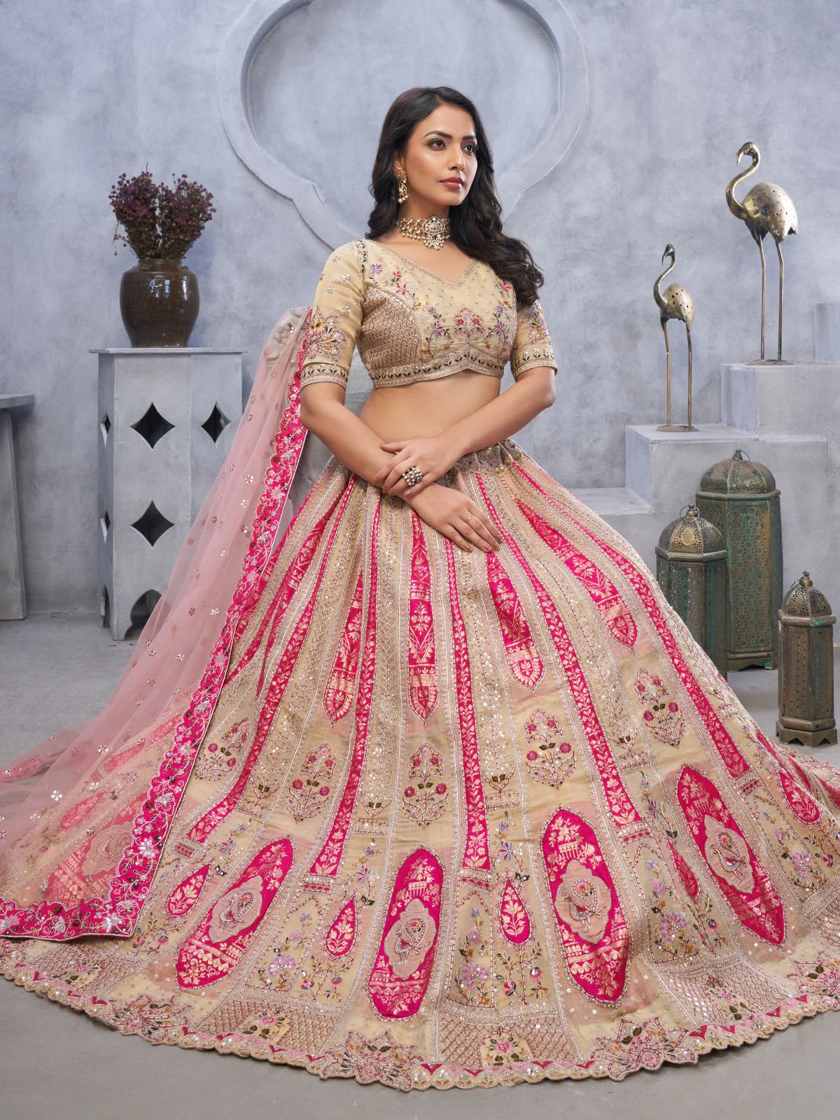 Odette Beige Organza Embellished Semi-Stitched Lehenga With Unstitched Blouse For Women - Image 2