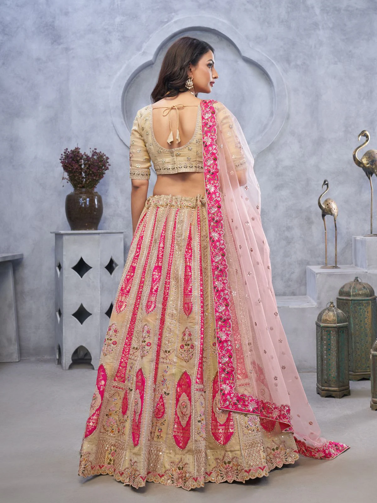 Odette Beige Organza Embellished Semi-Stitched Lehenga With Unstitched Blouse For Women - Image 4