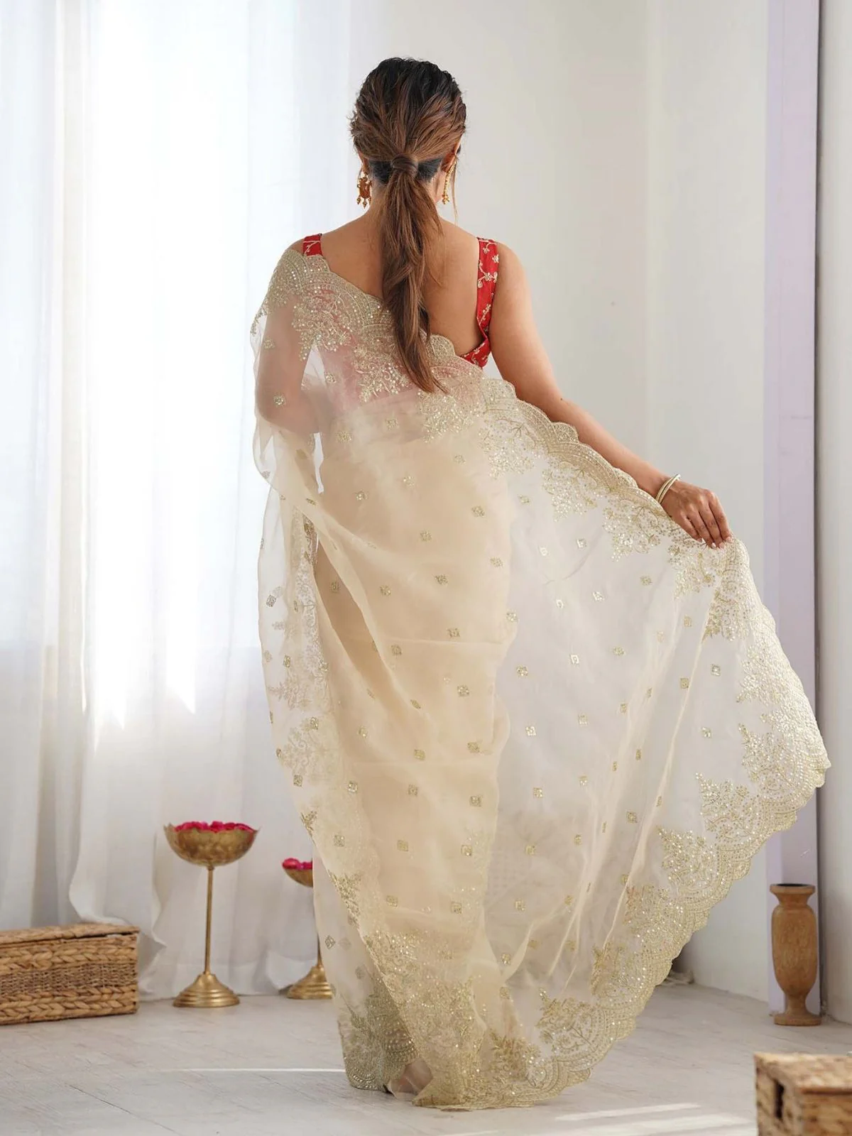 Odette Beige Organza Embellished Solid Saree For Women - Image 2