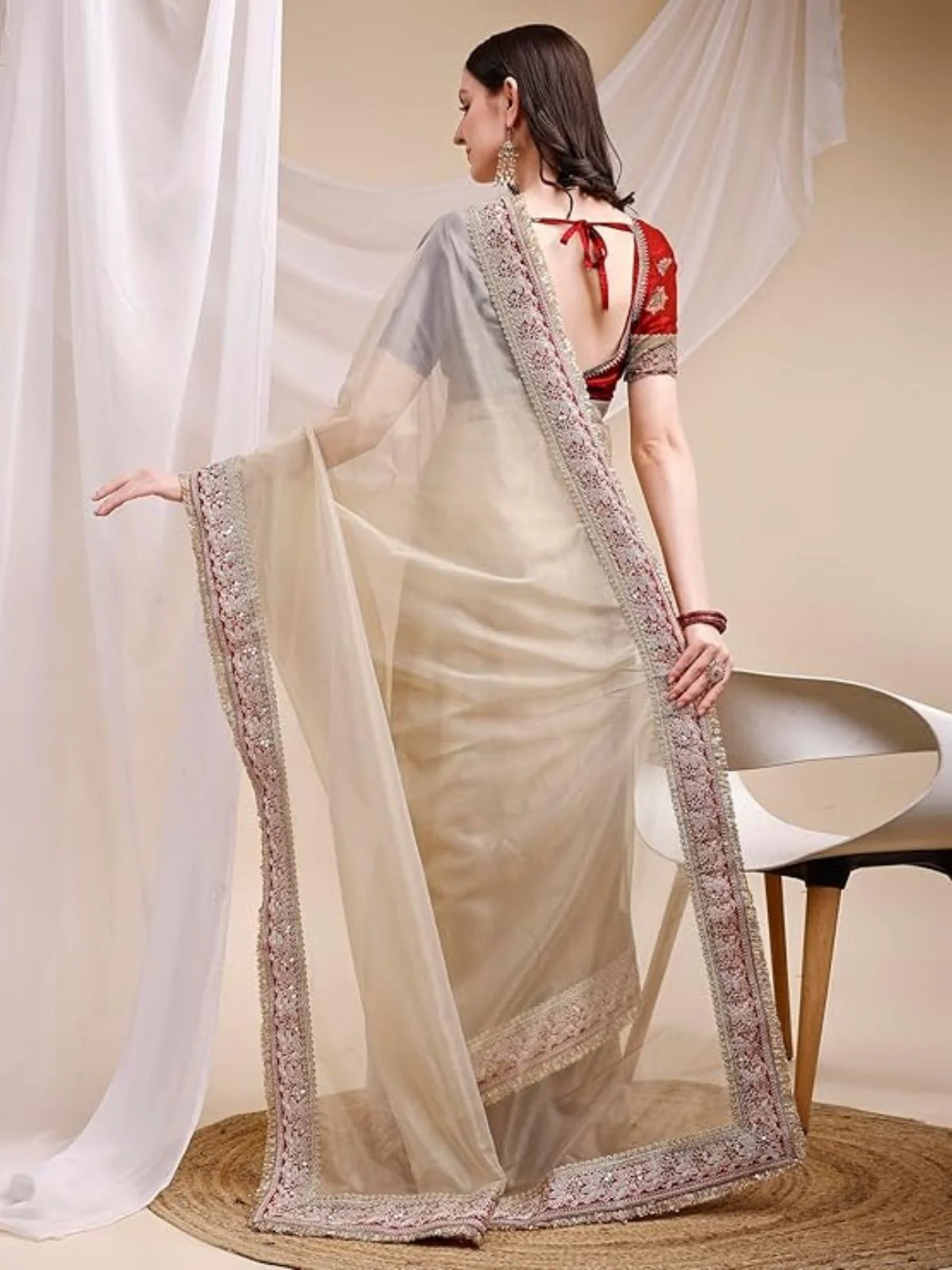 Odette Beige Organza Embellished Solid Saree For Women - Image 2