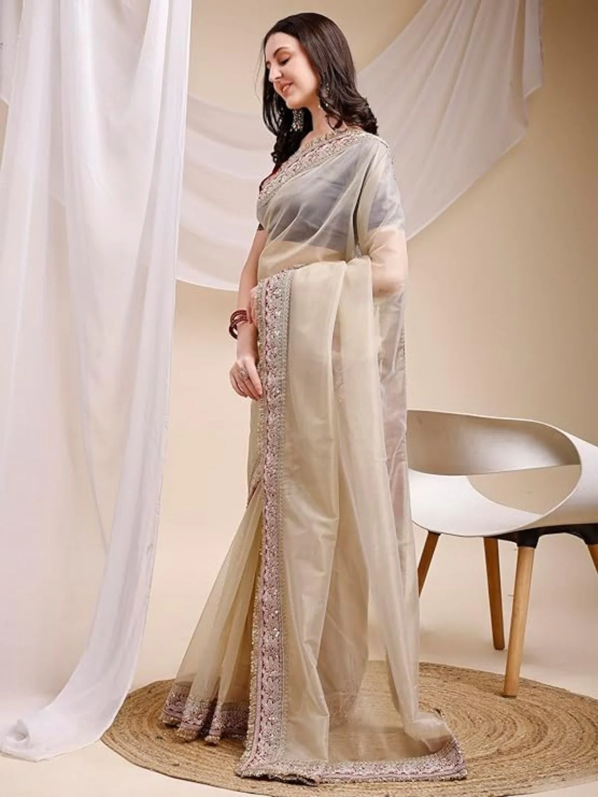 Odette Beige Organza Embellished Solid Saree For Women - Image 3