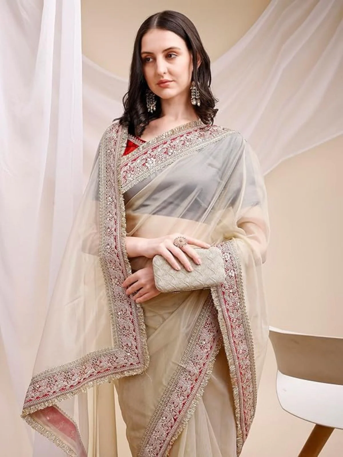 Odette Beige Organza Embellished Solid Saree For Women - Image 4