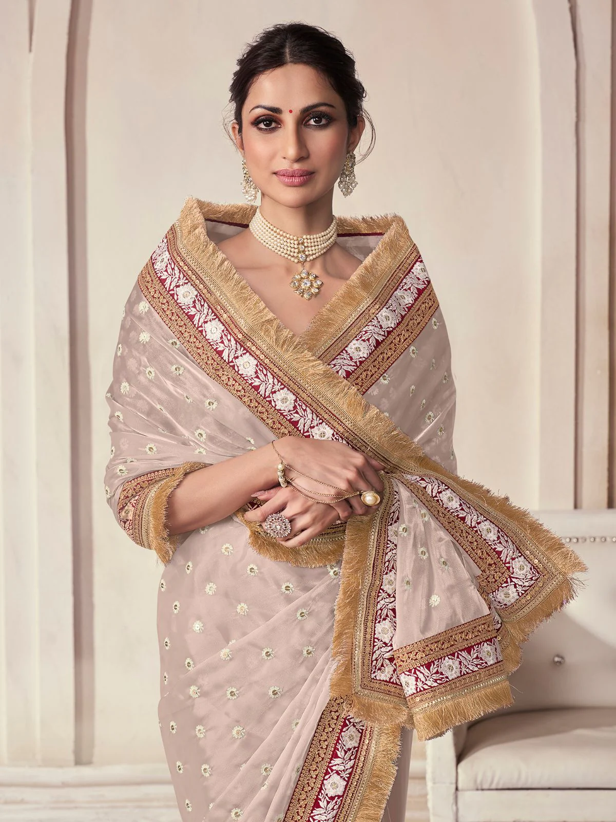 Odette Beige Organza Embroidered Saree With Unstitched Blouse For Women - Image 4