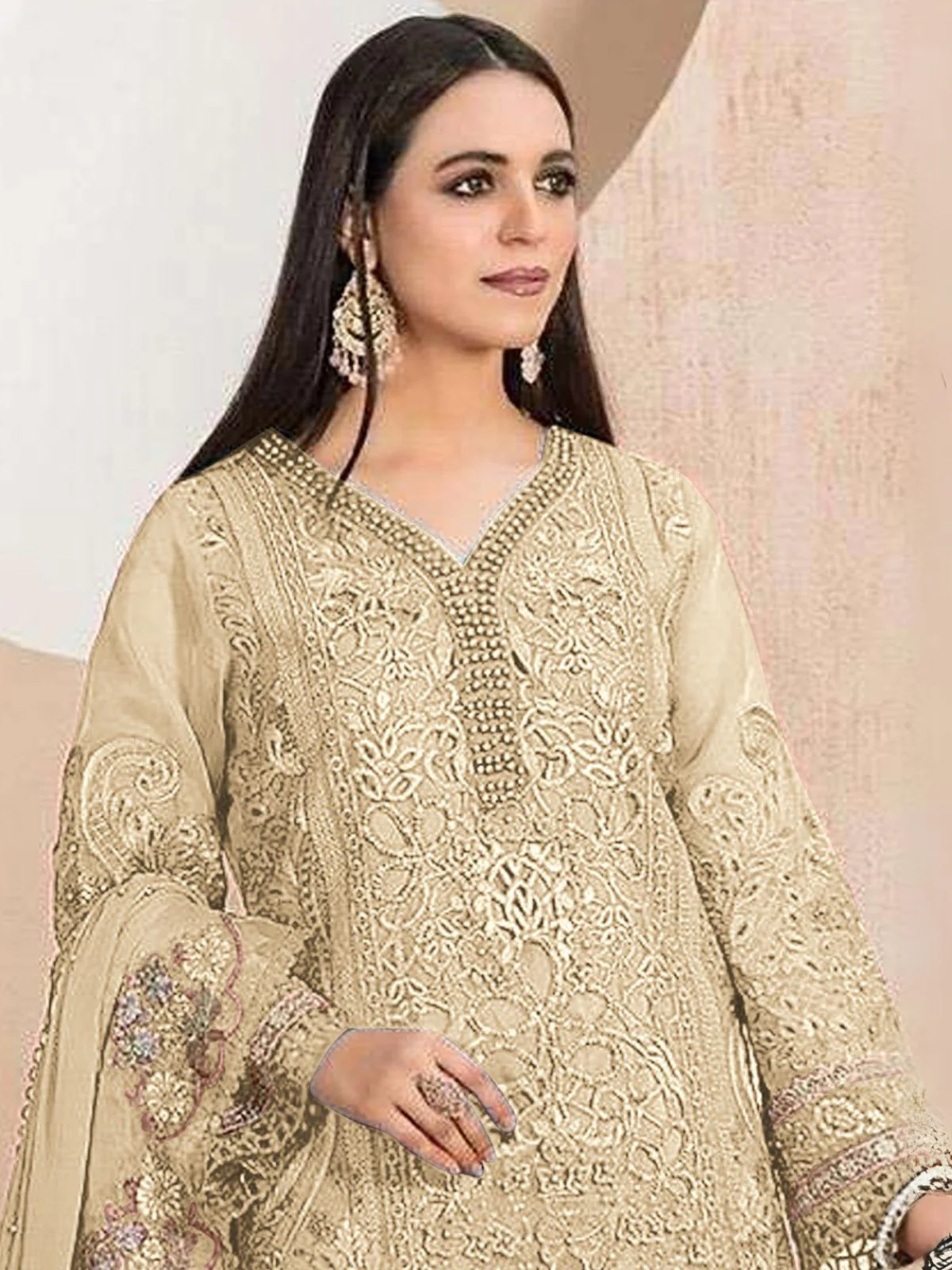 Odette Beige Organza Embroidered Semi-Stitched Kurta Set For Women - Image 2