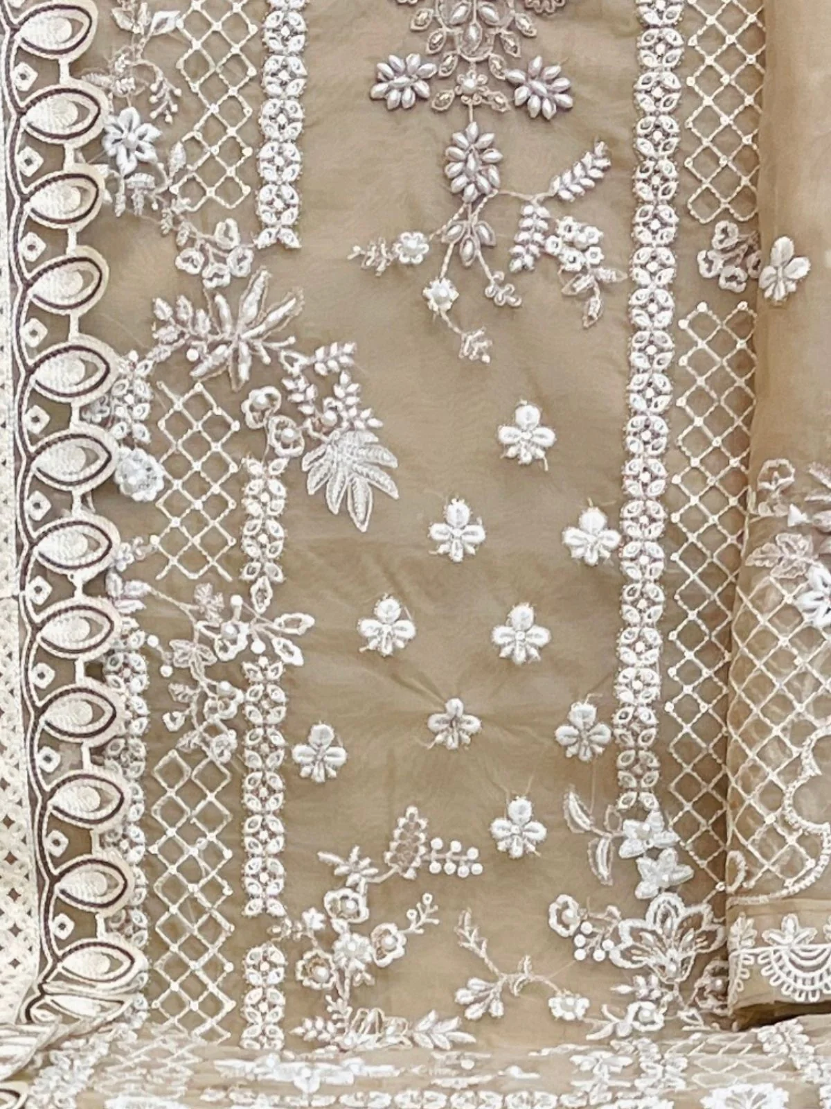 Odette Beige Organza Embroidered Semi-Stitched Kurta Set For Women - Image 3