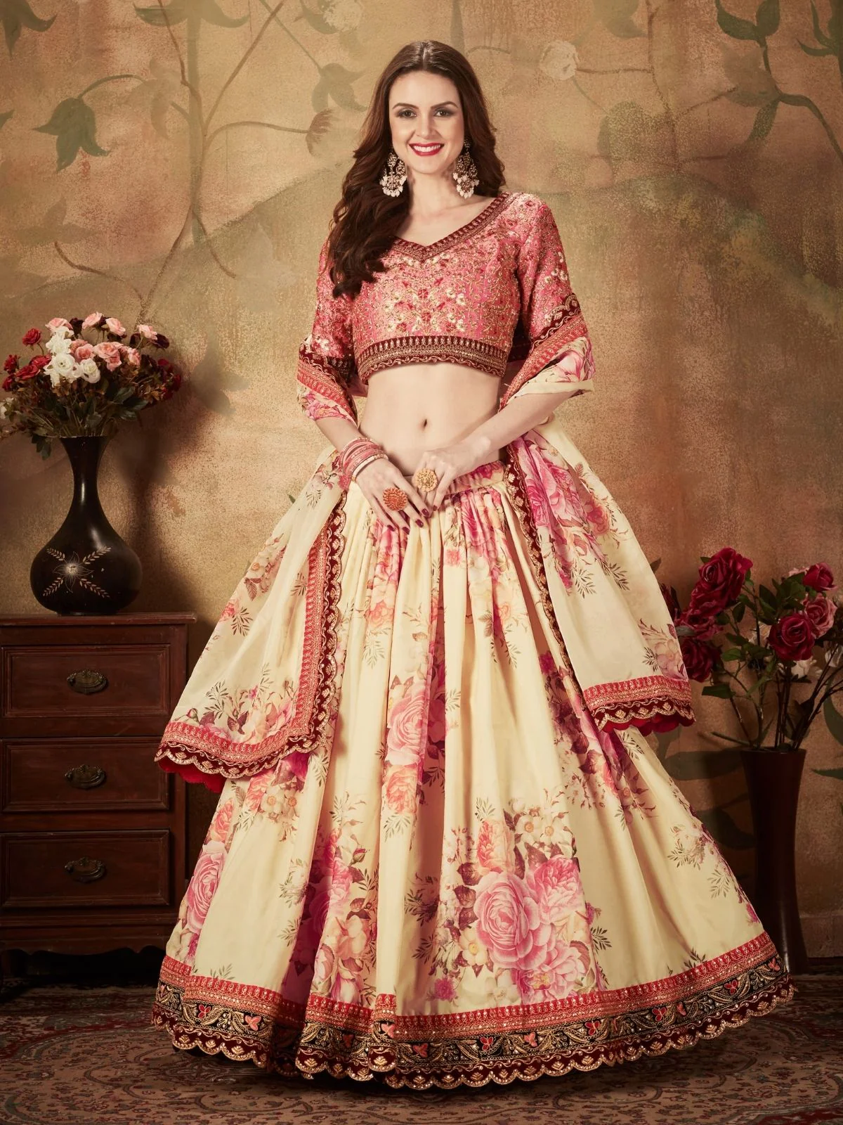 Odette Beige Organza Printed Semi Stitched Lehenga With Unstitched Blouse For Women - Image 2