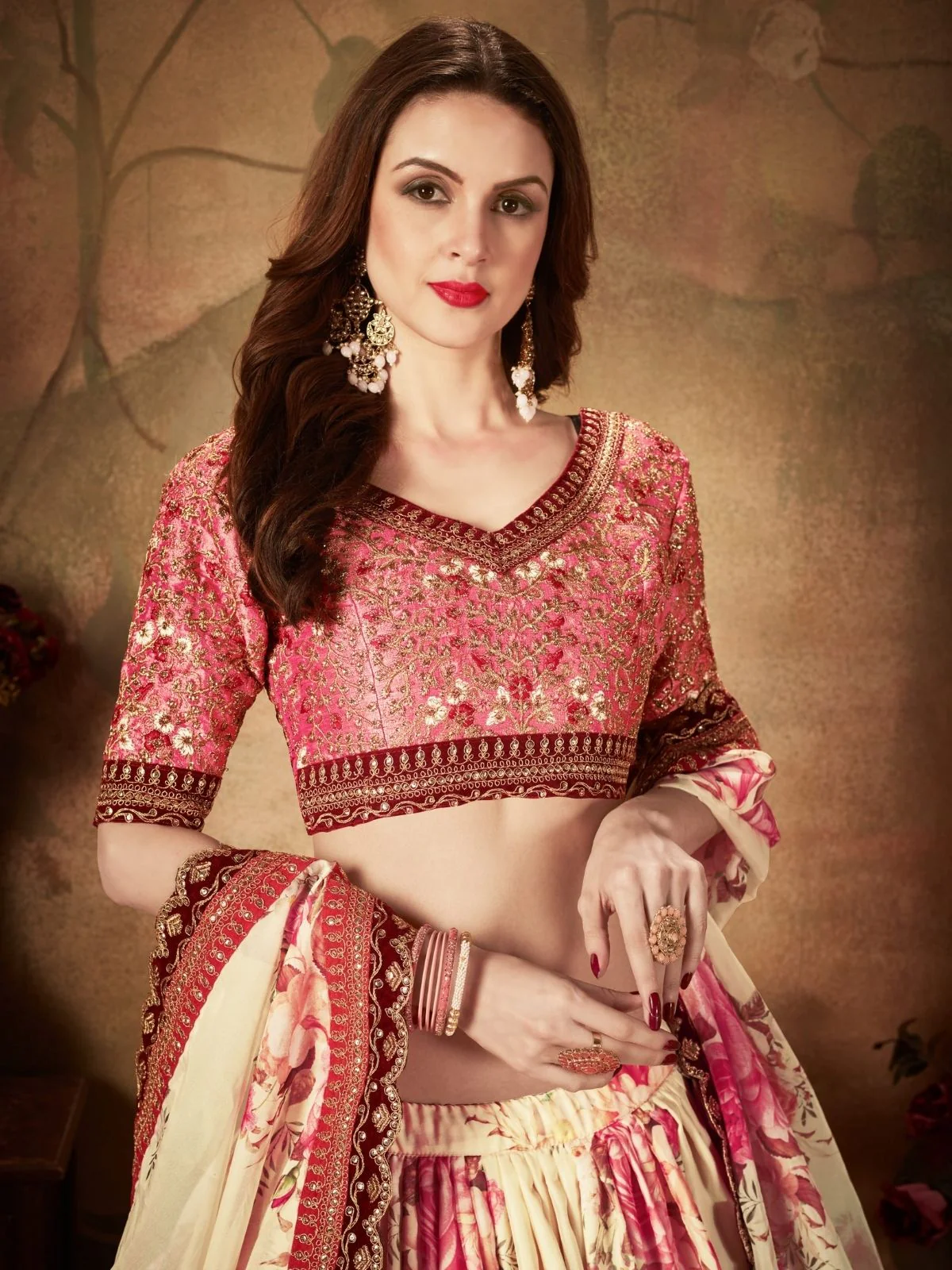 Odette Beige Organza Printed Semi Stitched Lehenga With Unstitched Blouse For Women - Image 5