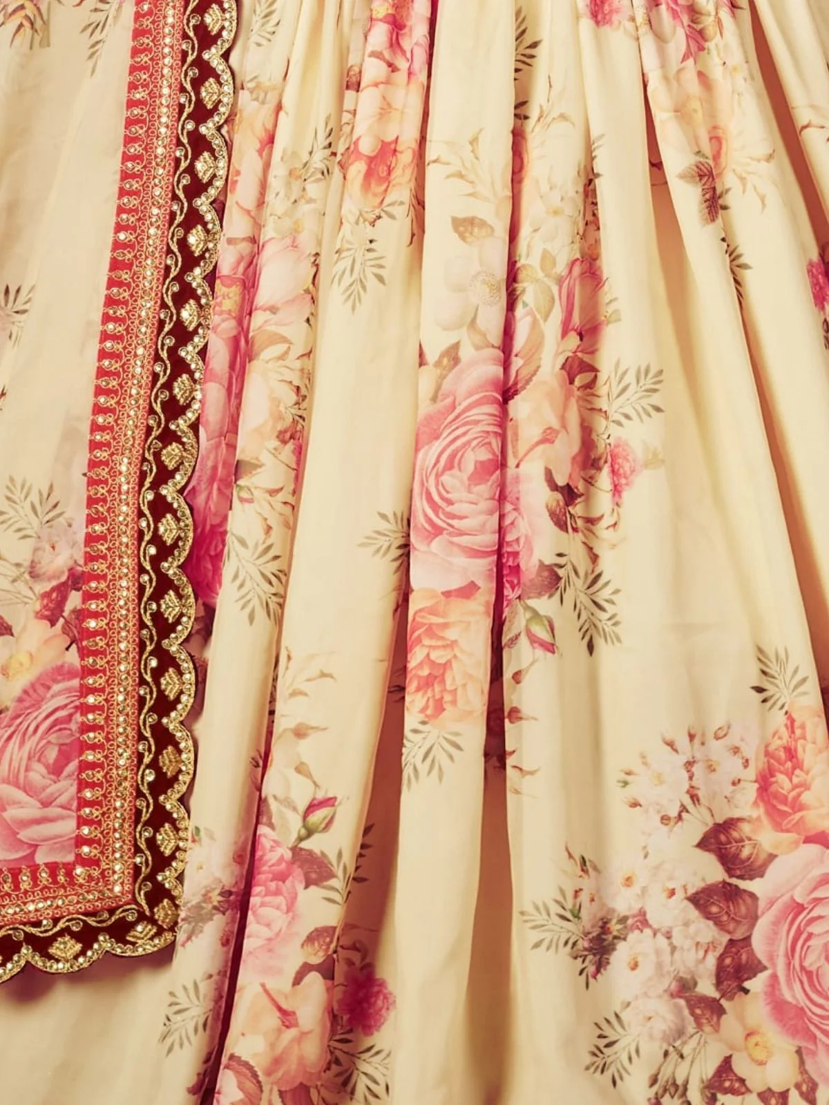 Odette Beige Organza Printed Semi Stitched Lehenga With Unstitched Blouse For Women - Image 6