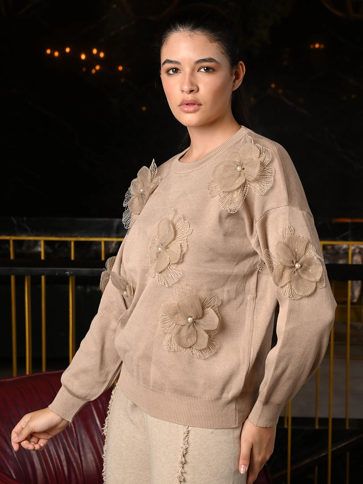 Odette Beige Polyester Rib Knitted Sweater Top For Women - Image 3