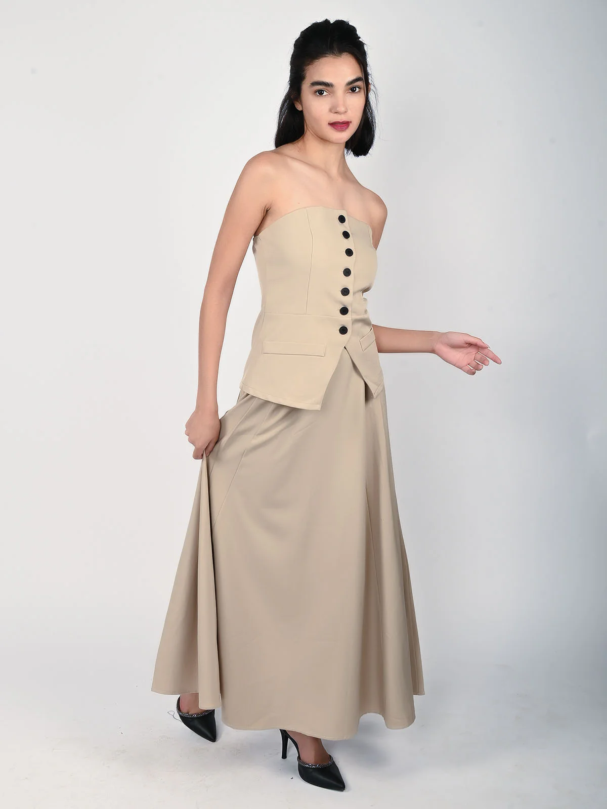 Odette Beige Polyester Suiting Solid Co-ord set For Women - Image 3