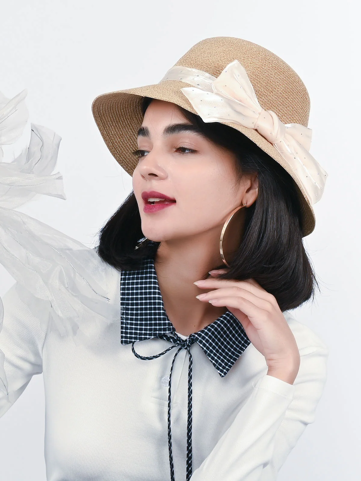 Odette Beige Raffia Woven Texture Hat For Women - Image 2
