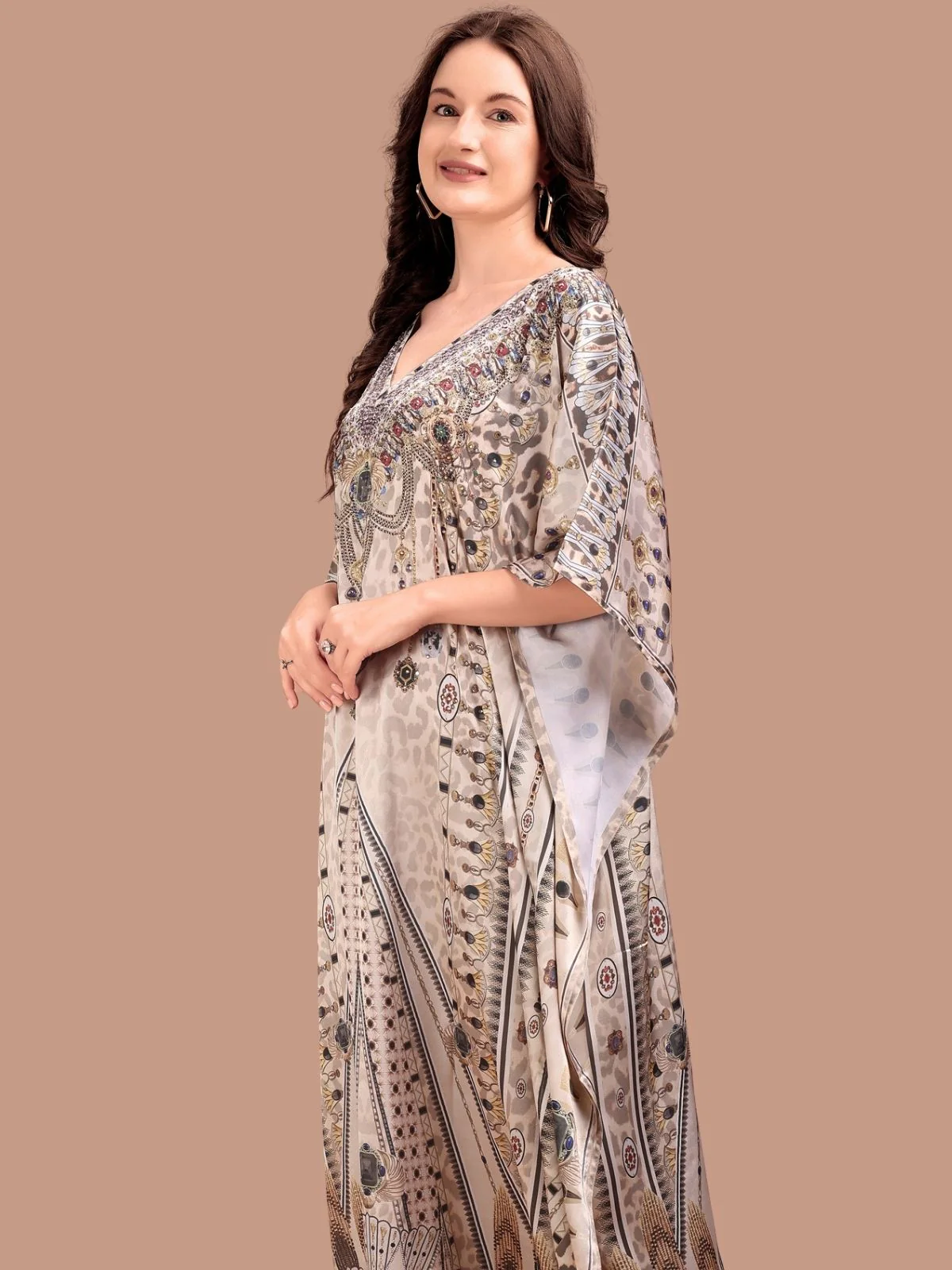 Odette Beige Satin Printed Kaftan For Women - Image 4