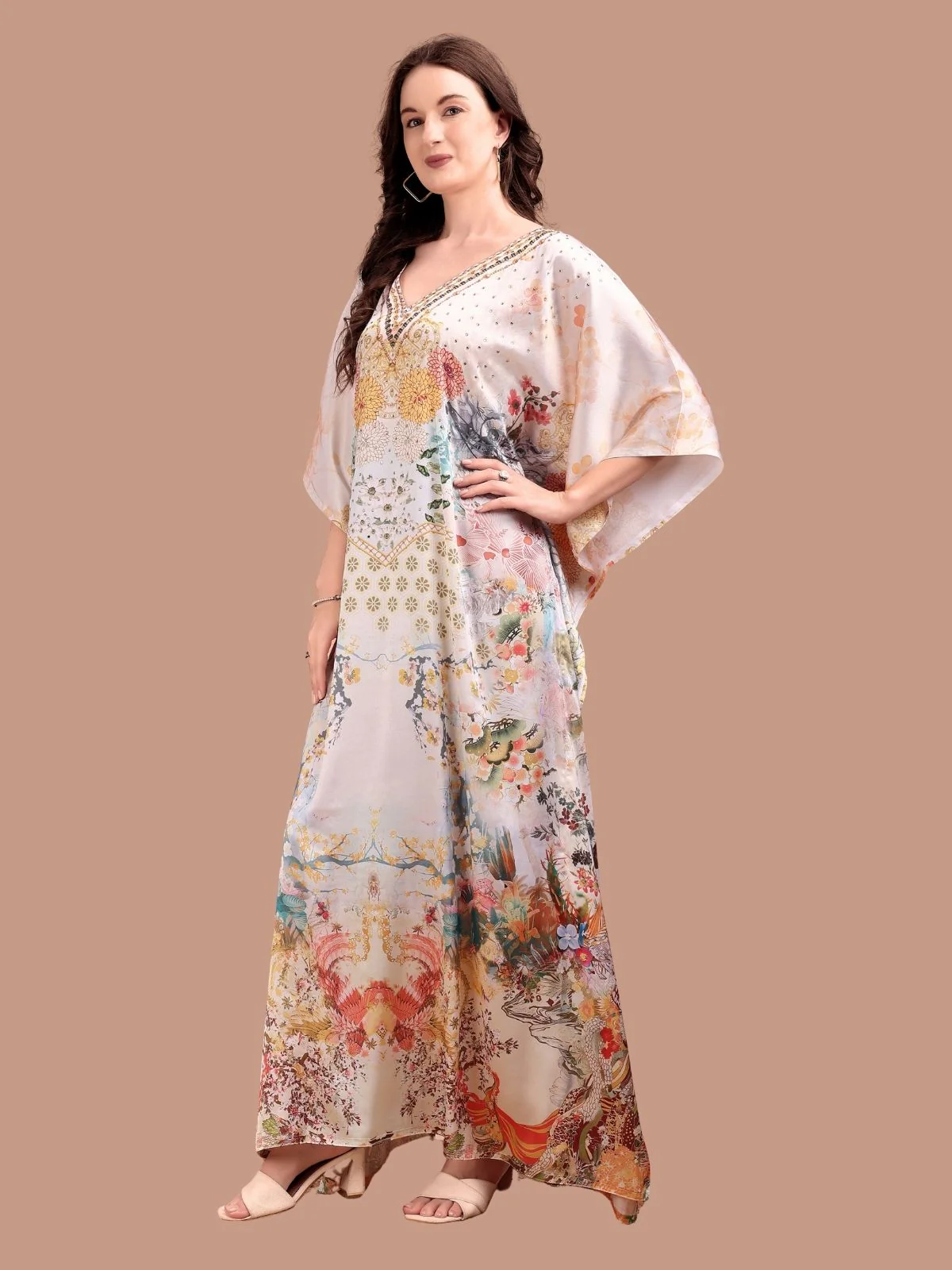 Odette Beige Satin Printed Kaftan For Women - Image 2