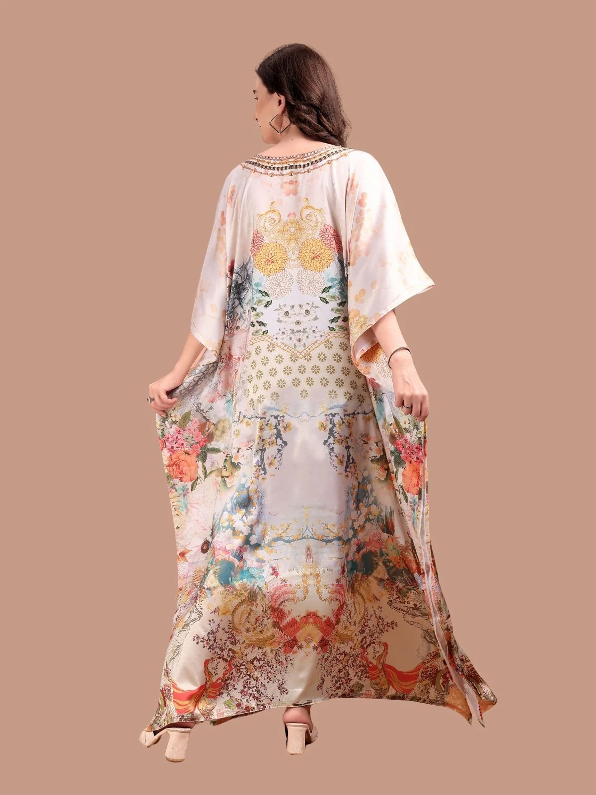 Odette Beige Satin Printed Kaftan For Women - Image 3