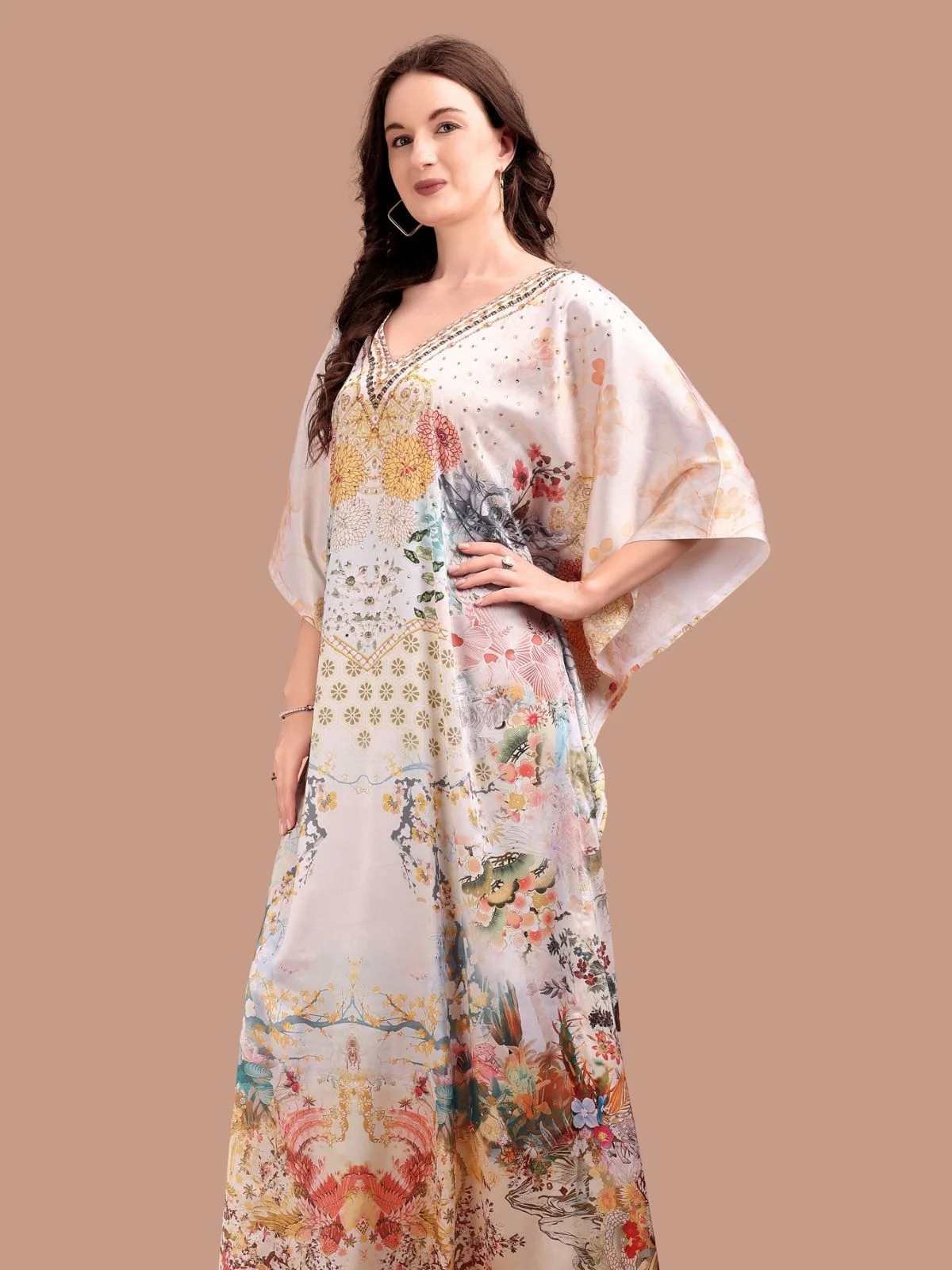 Odette Beige Satin Printed Kaftan For Women - Image 4