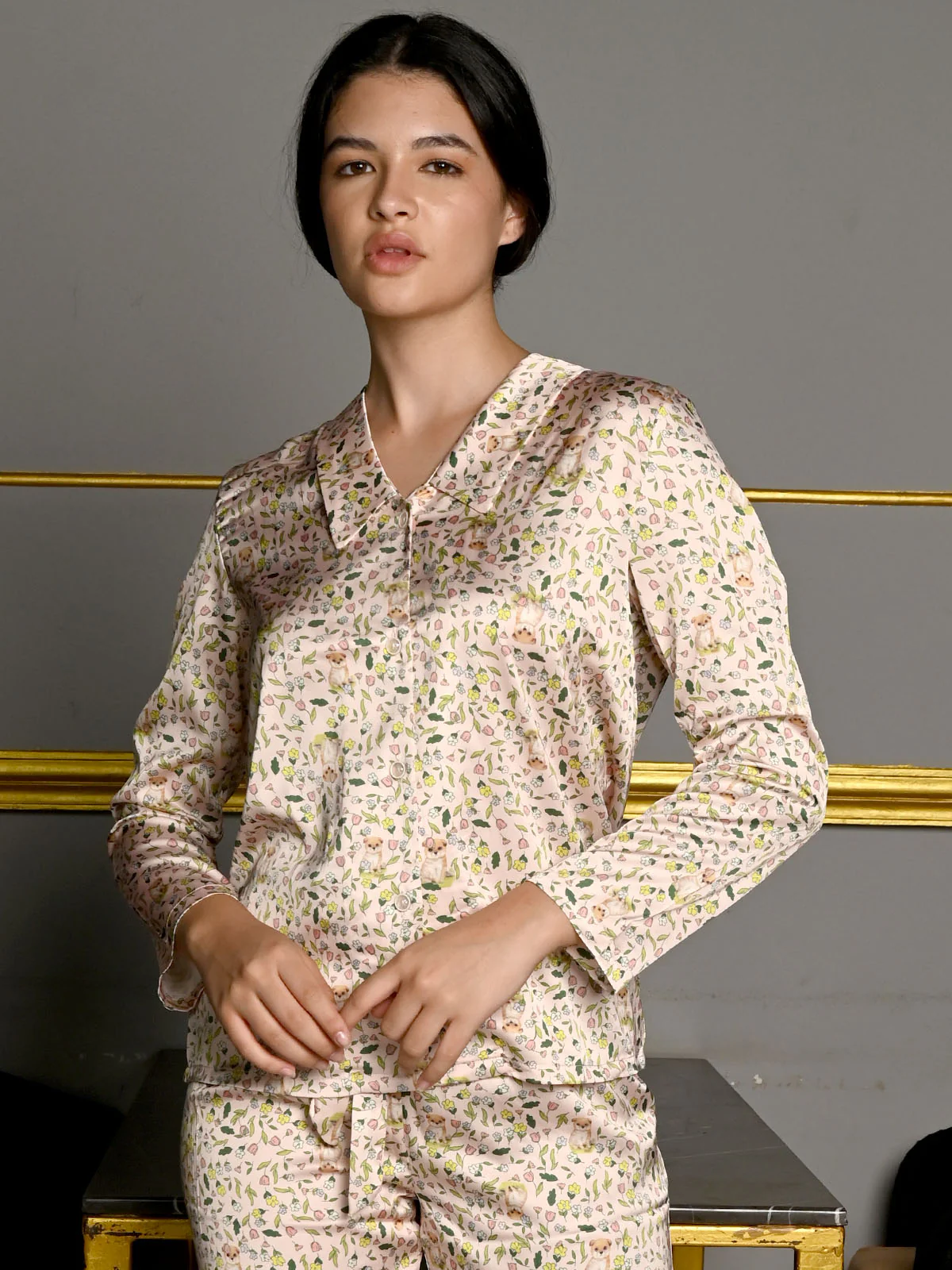 Odette Beige Satin Printed Night Wear Set For Women - Image 5