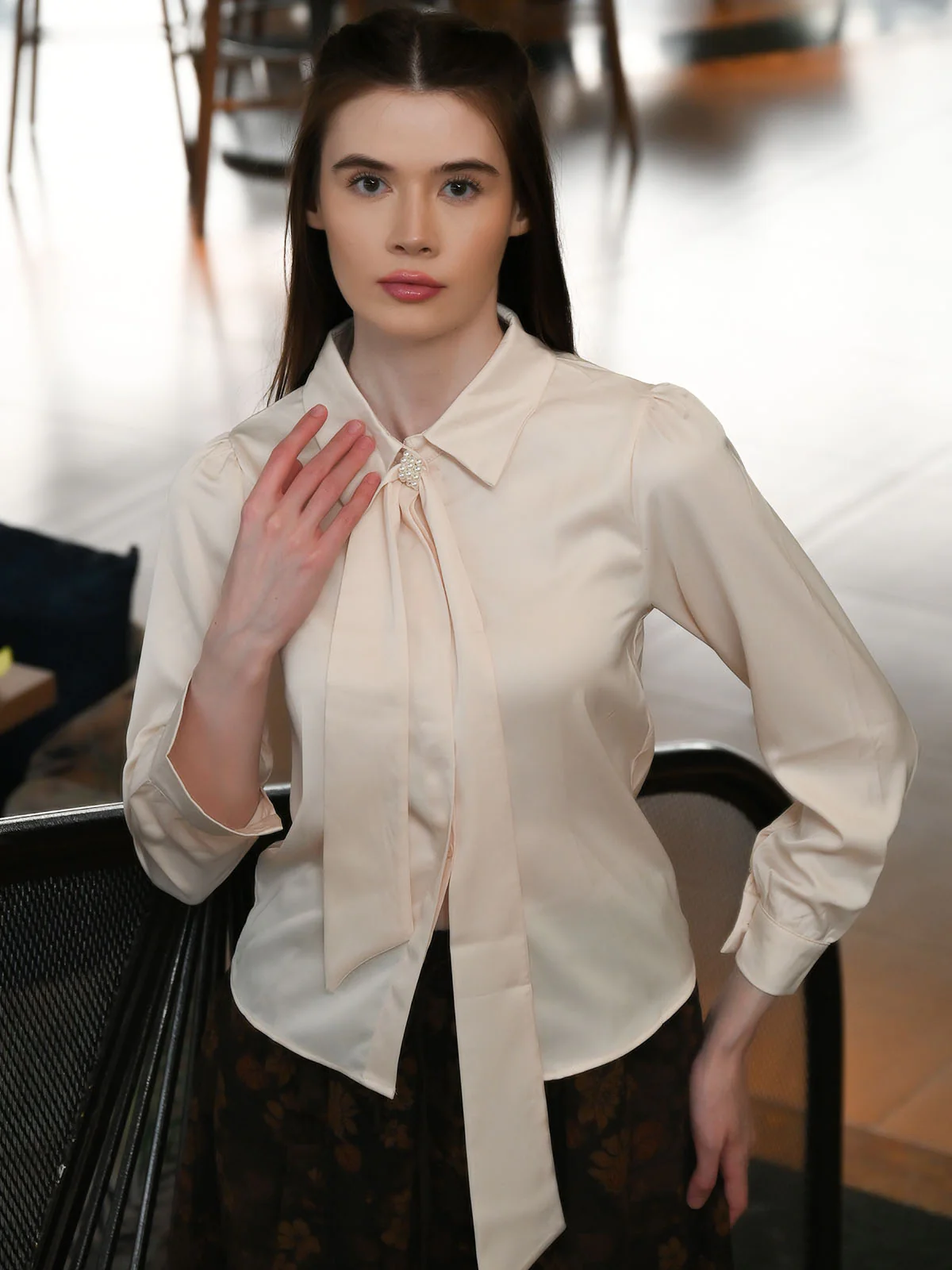 Odette Beige Satin Solid Top For Women - Image 2