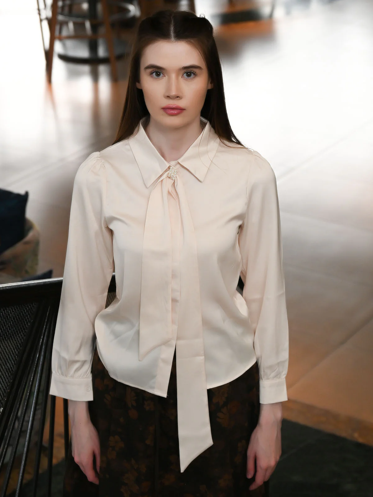 Odette Beige Satin Solid Top For Women - Image 3