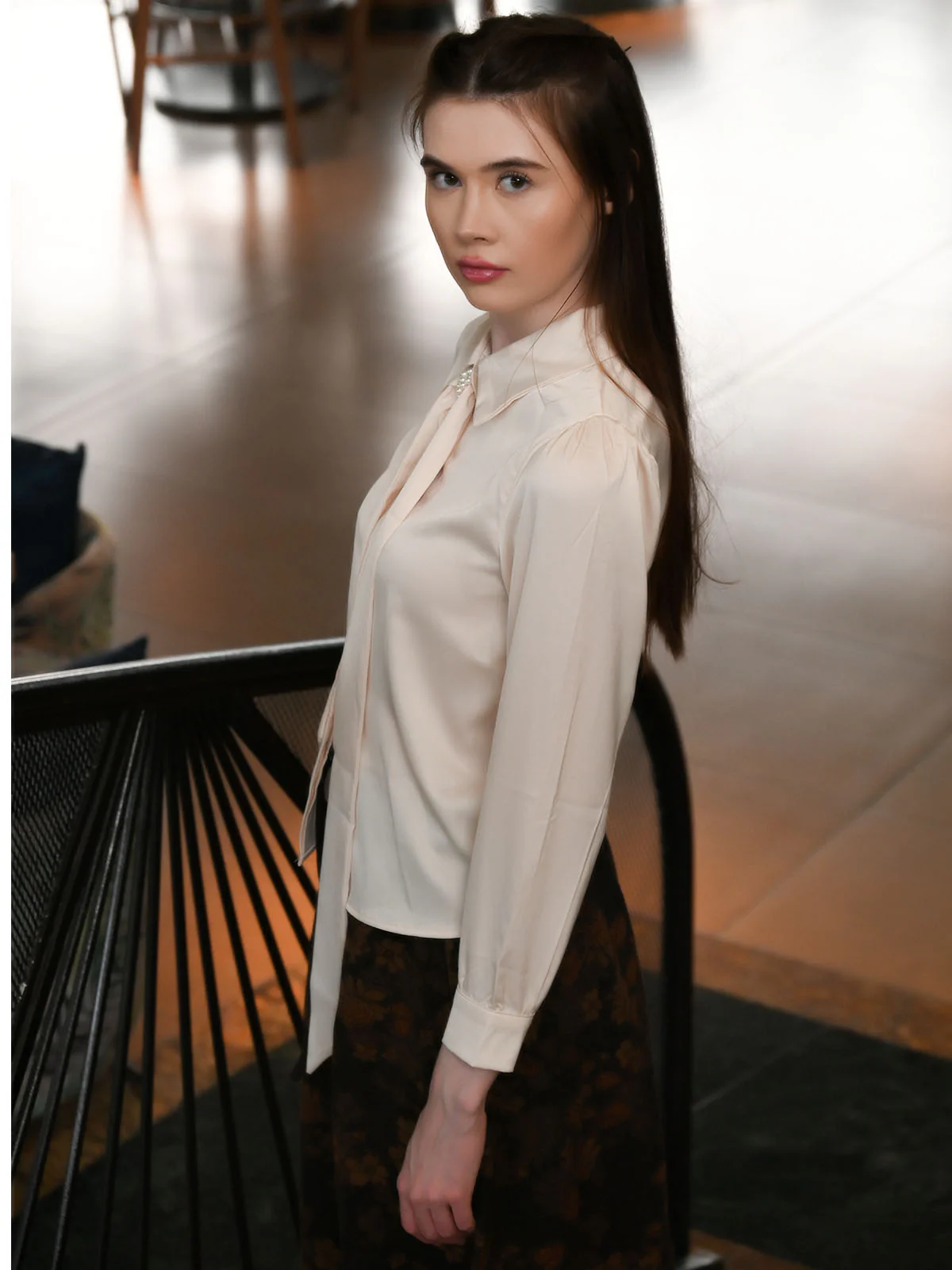 Odette Beige Satin Solid Top For Women - Image 4