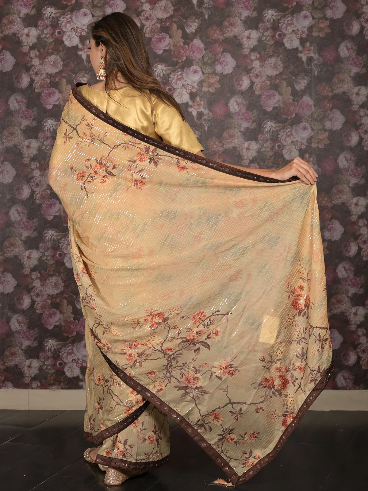 Odette Beige Sequins Embroidered Crepe Saree with Unstitched Blouse for Women - Image 4