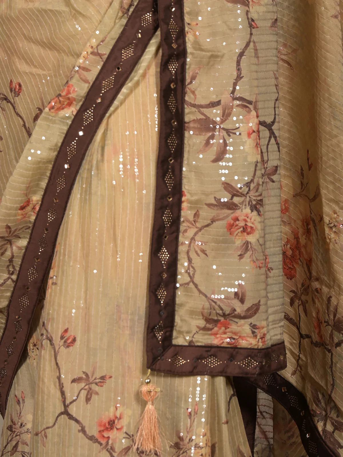Odette Beige Sequins Embroidered Crepe Saree with Unstitched Blouse for Women - Image 5