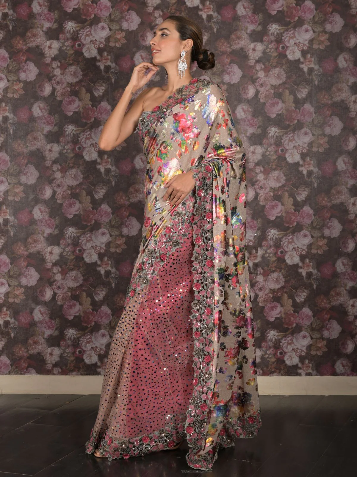Odette Beige Shimmer Floral Printed Embellished Lycra Saree with Unstitched Blouse for Women - Image 3