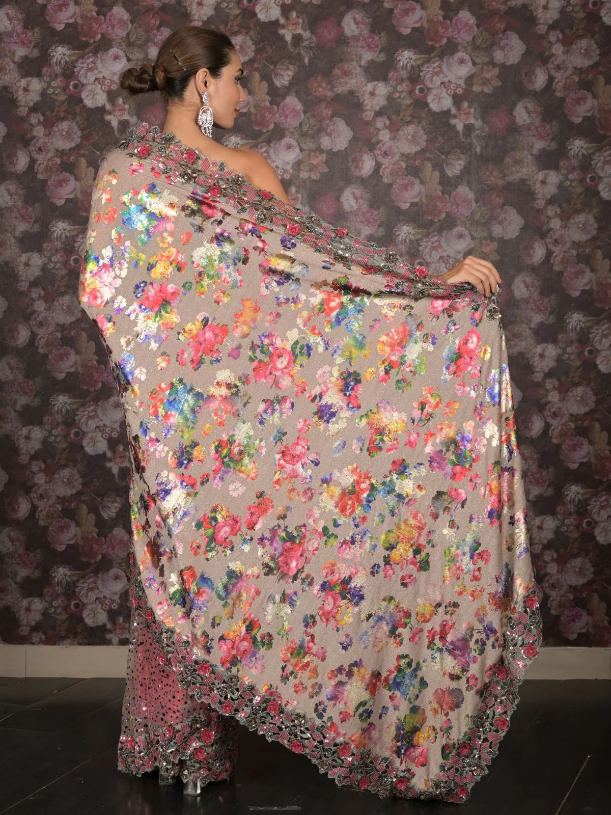 Odette Beige Shimmer Floral Printed Embellished Lycra Saree with Unstitched Blouse for Women - Image 4