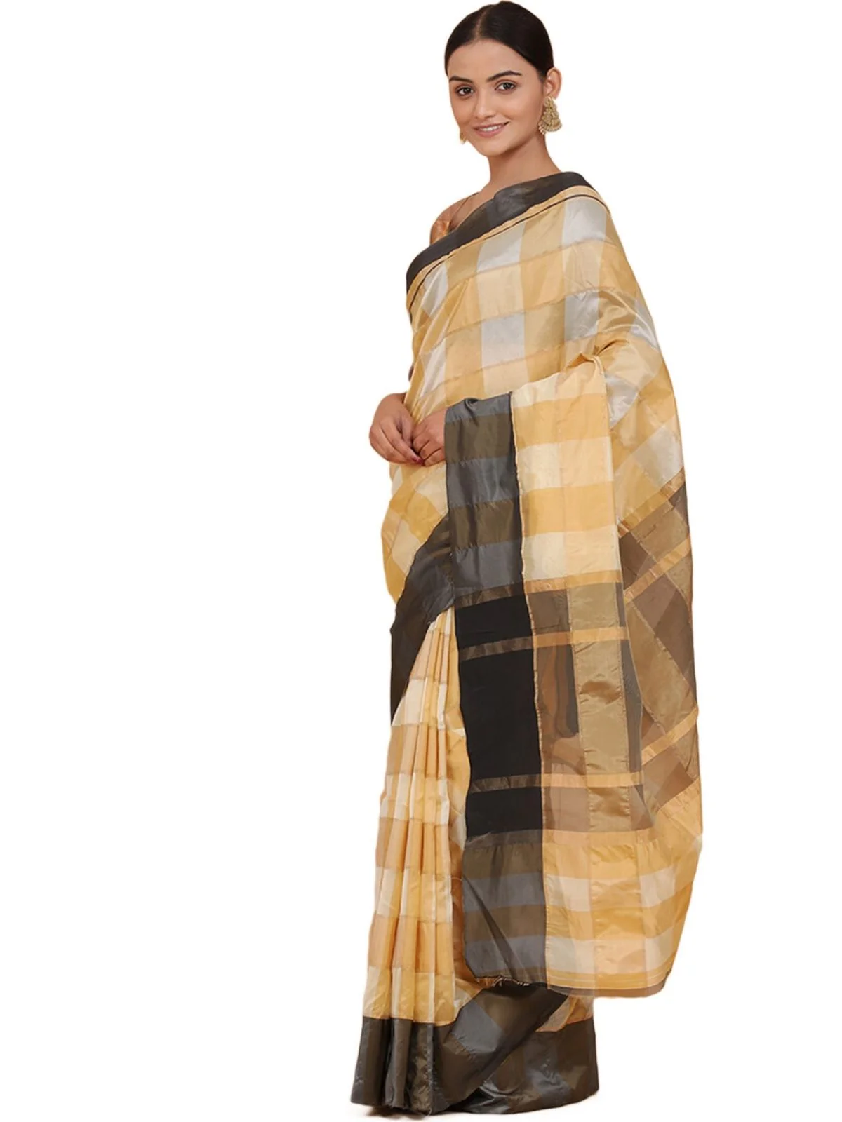 Odette Beige Silk Blend Checked Saree For Women - Image 3