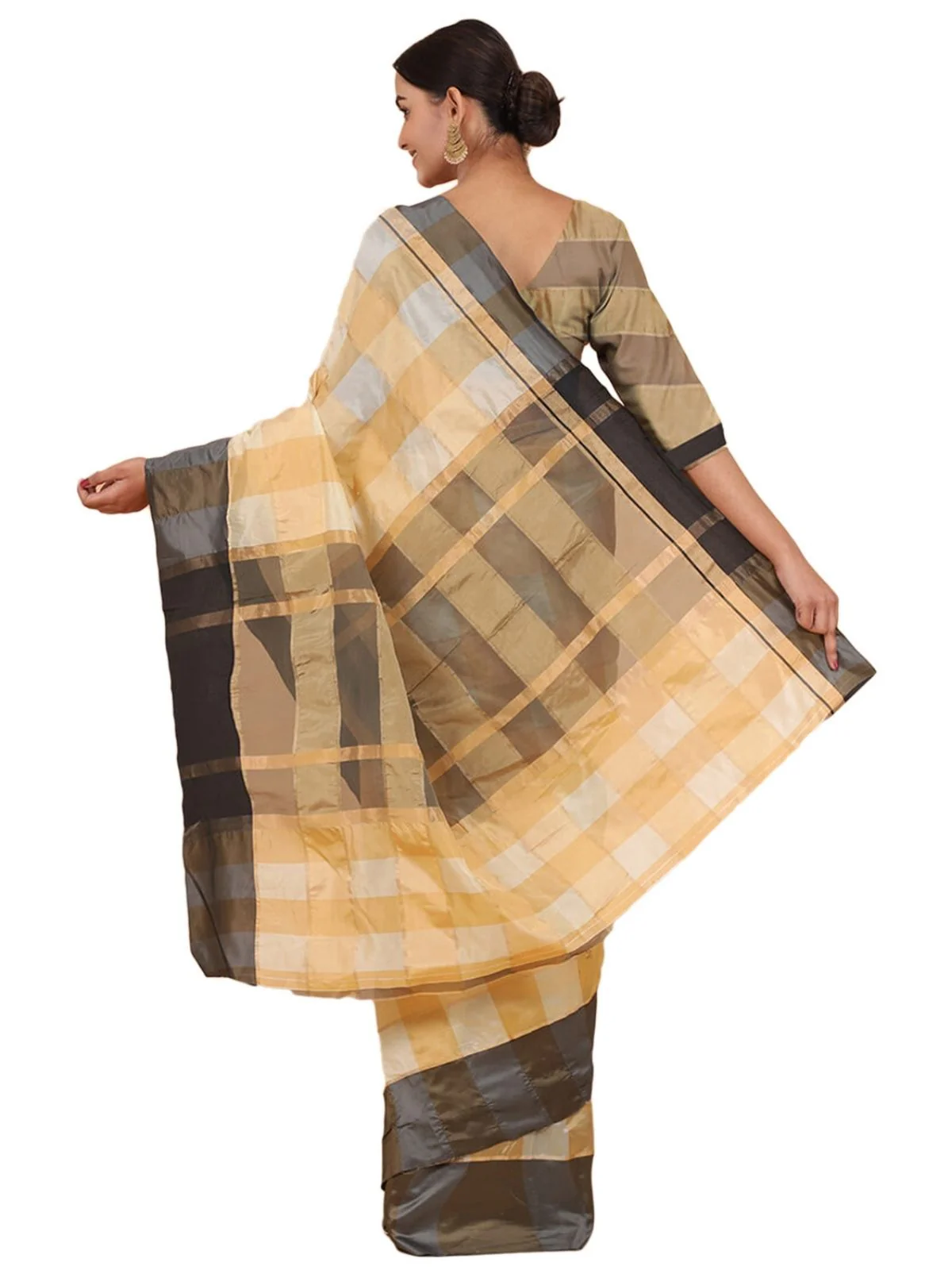 Odette Beige Silk Blend Checked Saree For Women - Image 4