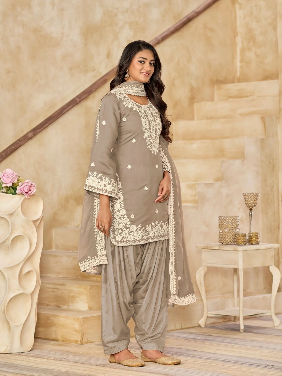 Odette Beige Silk Blend Embroidered Semi-Stiched Kurta Set For Women - Image 2