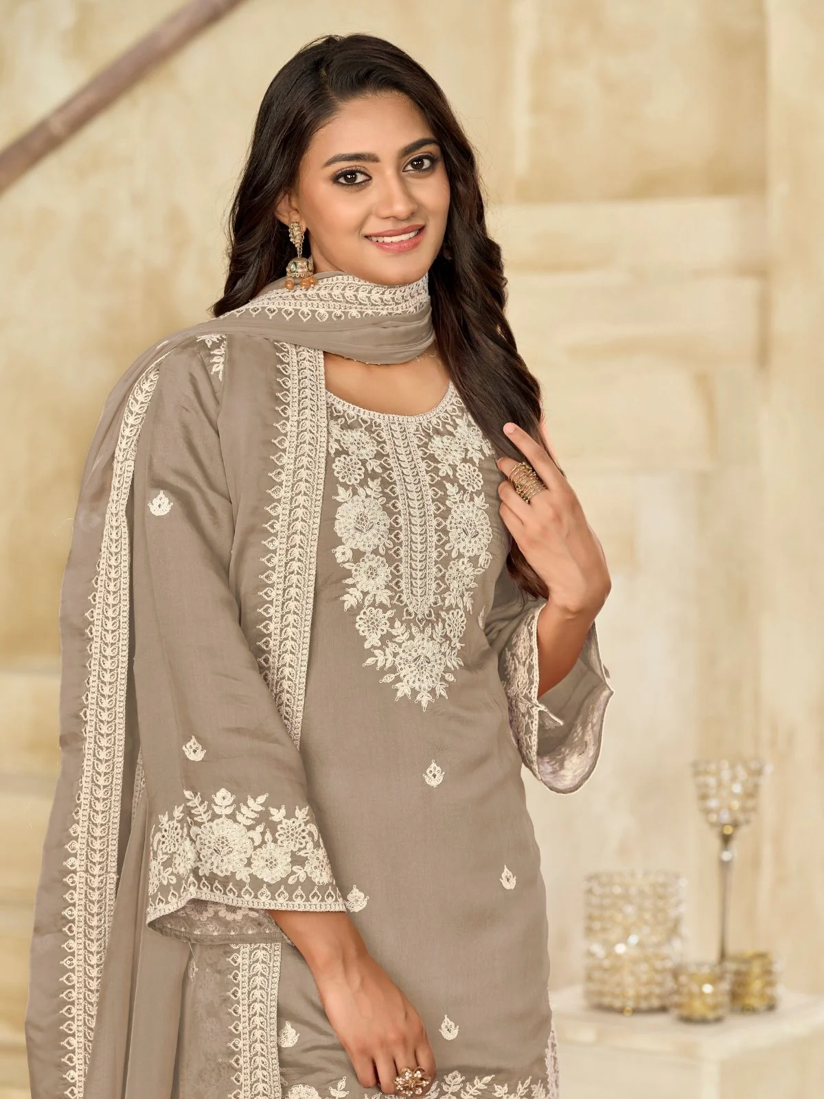 Odette Beige Silk Blend Embroidered Semi-Stiched Kurta Set For Women - Image 3