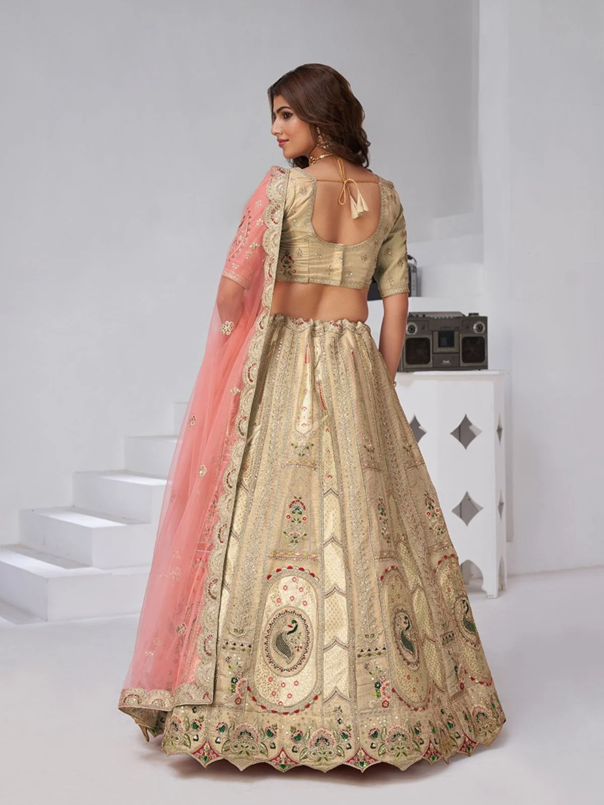 Odette Beige Silk Blend Embroidered Semi-Stitched Lehenga For Women - Image 2