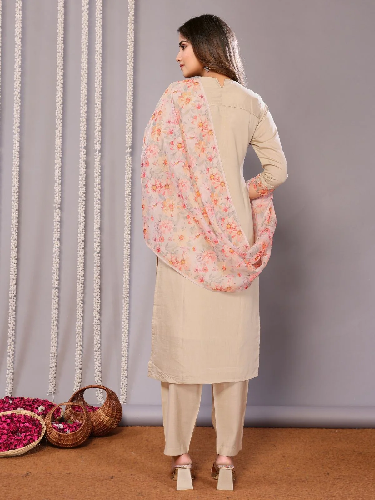Odette Beige Silk Blend Embroidered Stiched Kurta Set For Women - Image 3