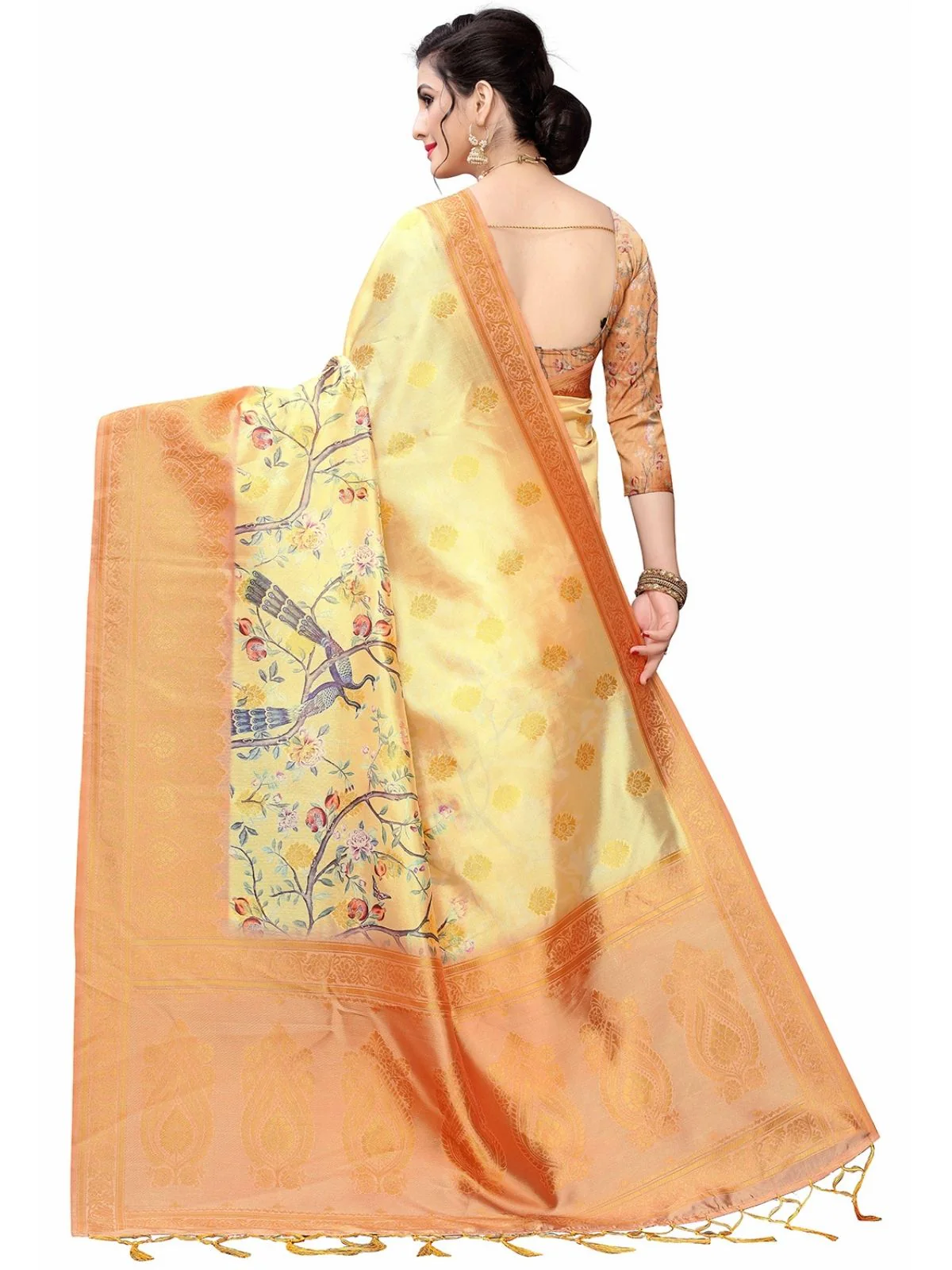 Odette Beige Silk Blend Floral Printed Saree For Women - Image 3