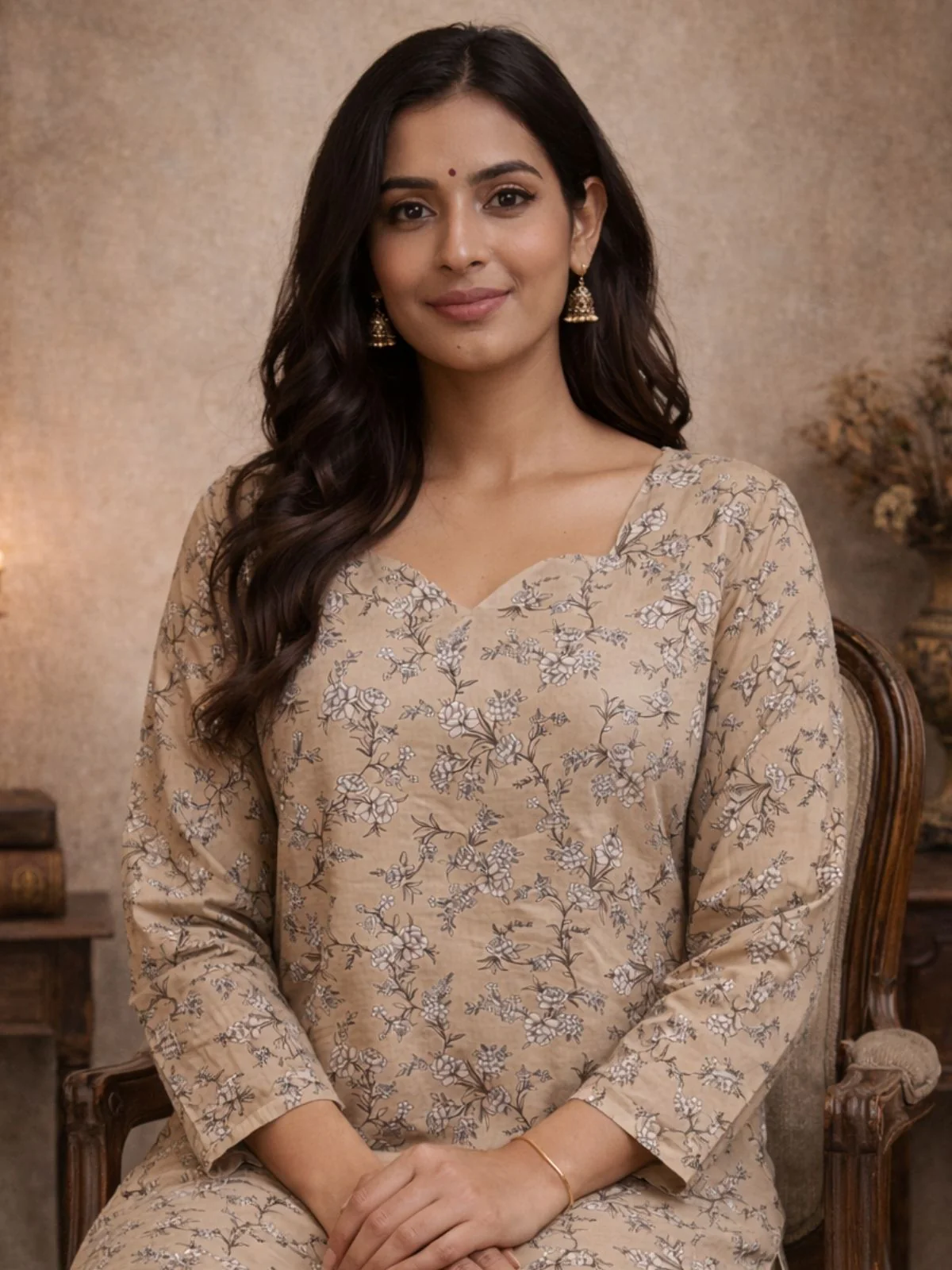 Odette Beige Silk Blend Printed Solid Kurti For Women - Image 4