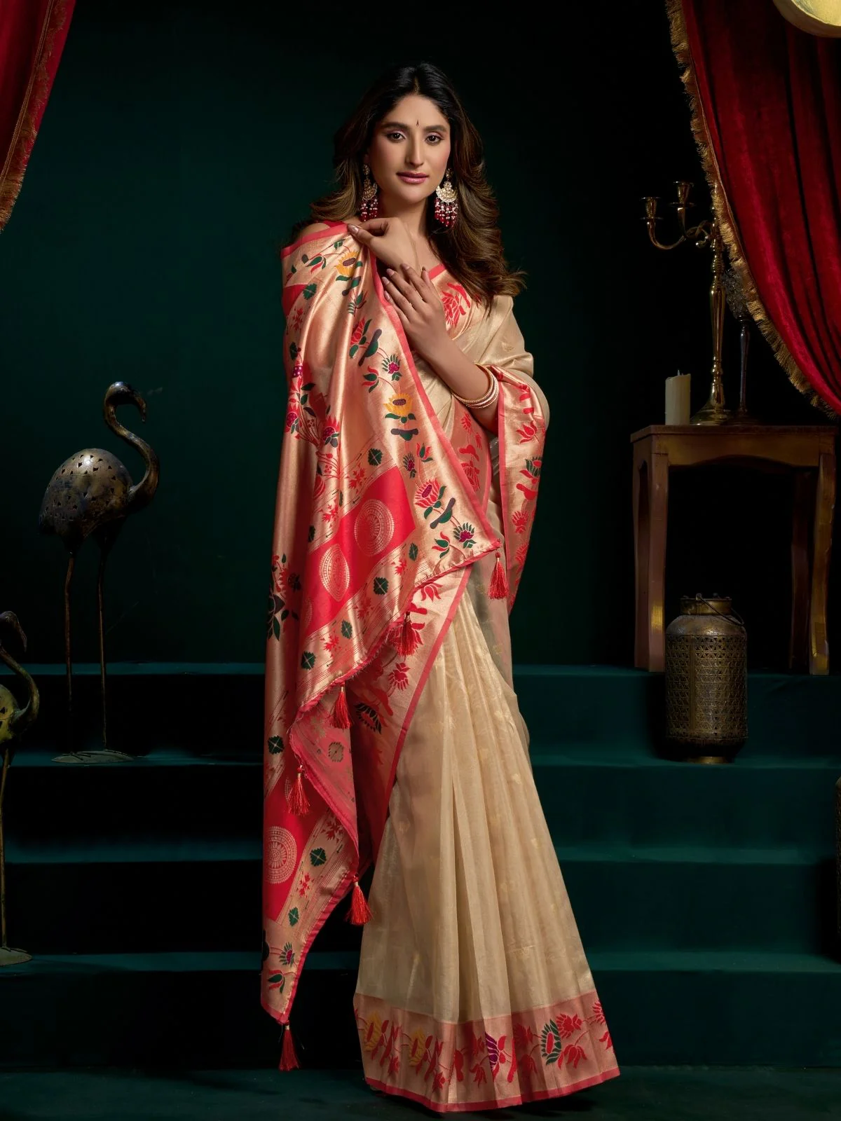 Odette Beige Silk Blend Woven Saree For Women - Image 3