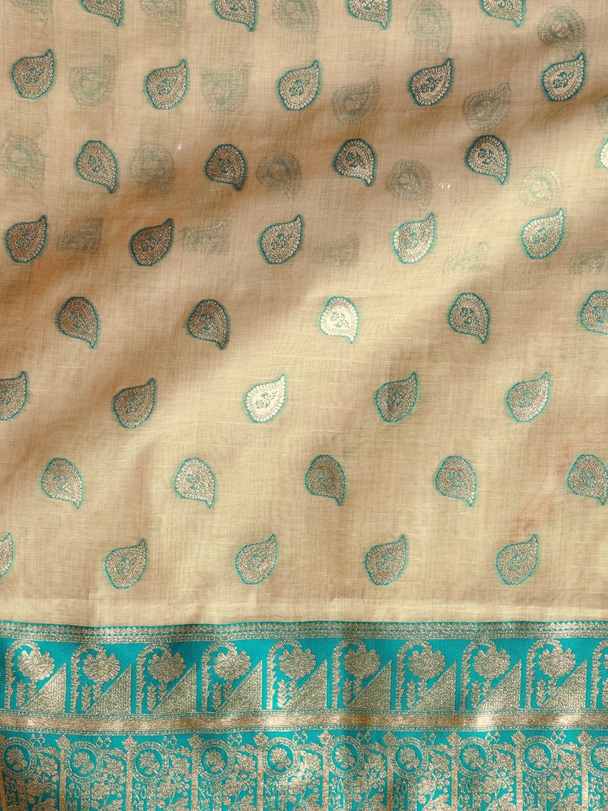 Odette Beige Silk Blend Woven Saree For Women - Image 6