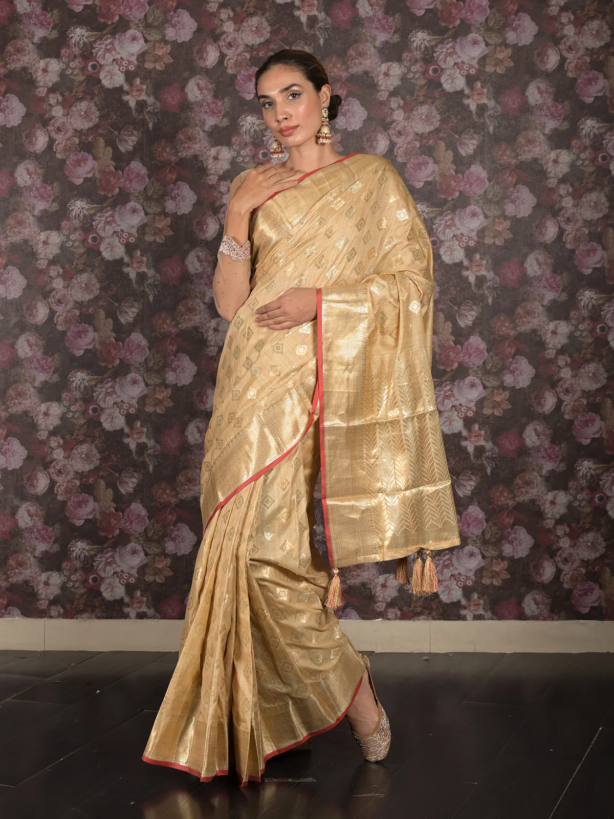 Odette Beige Silk Blend Woven Saree with Unstitched Blouse for Women - Image 2