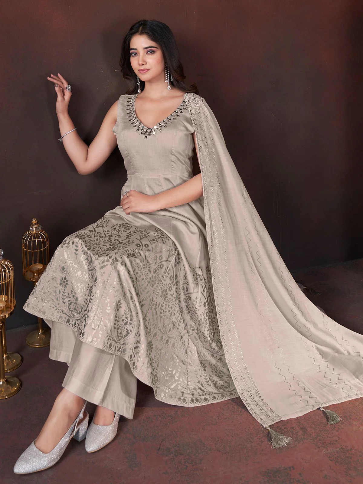 Odette Beige Silk Blend Woven Stitched Kurta Set For Women - Image 3