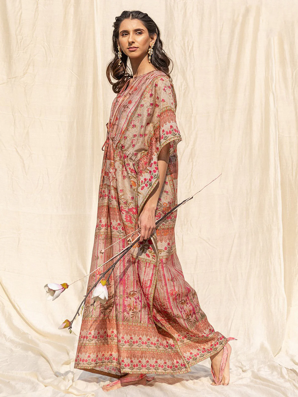 Odette Beige Silk Printed Stitched Indo Western Kaftan For Women - Image 3
