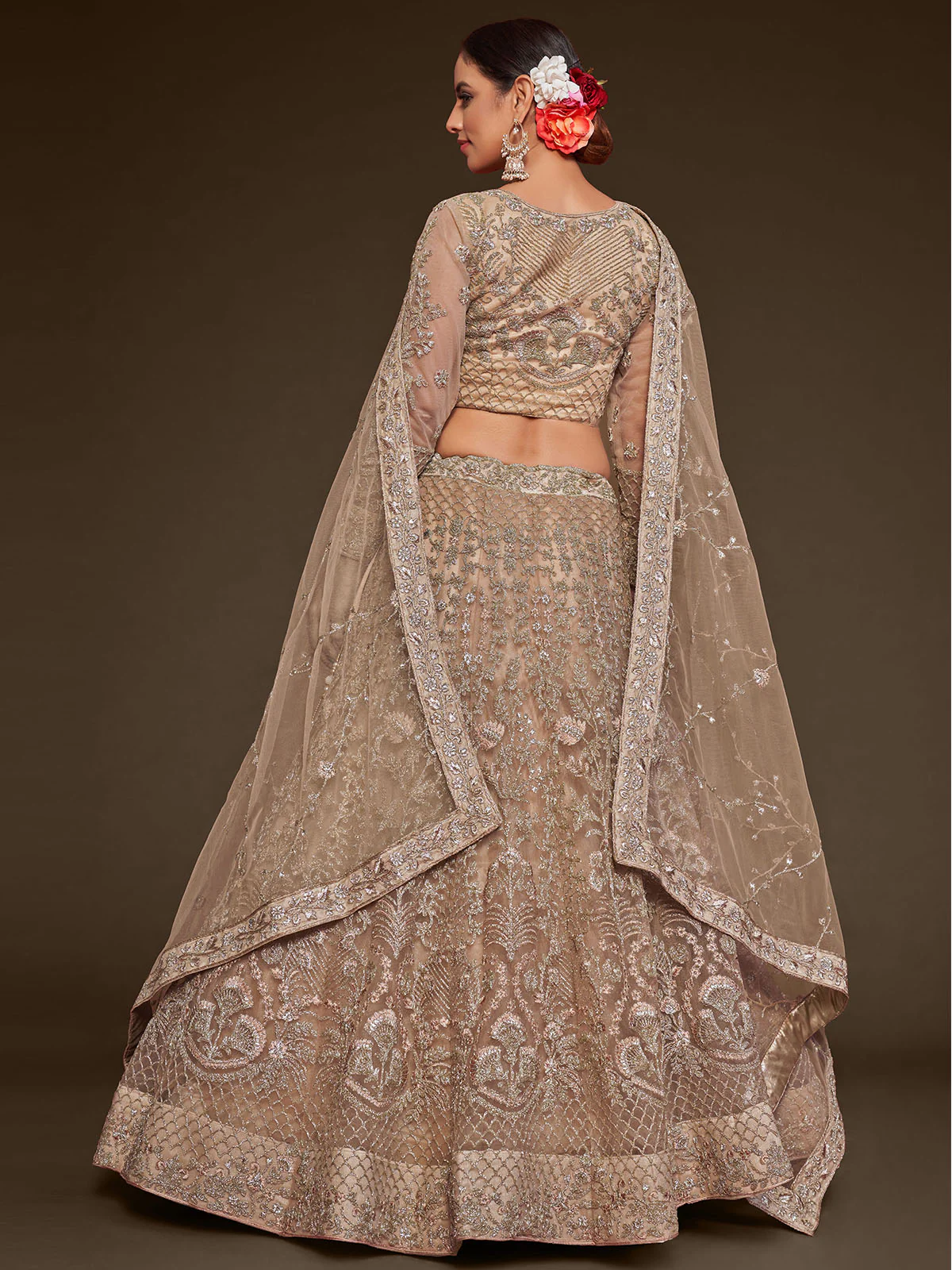 Odette Beige Soft Net Embellished Semi Stitched Lehenga With Unstitched Blouse For Women - Image 2