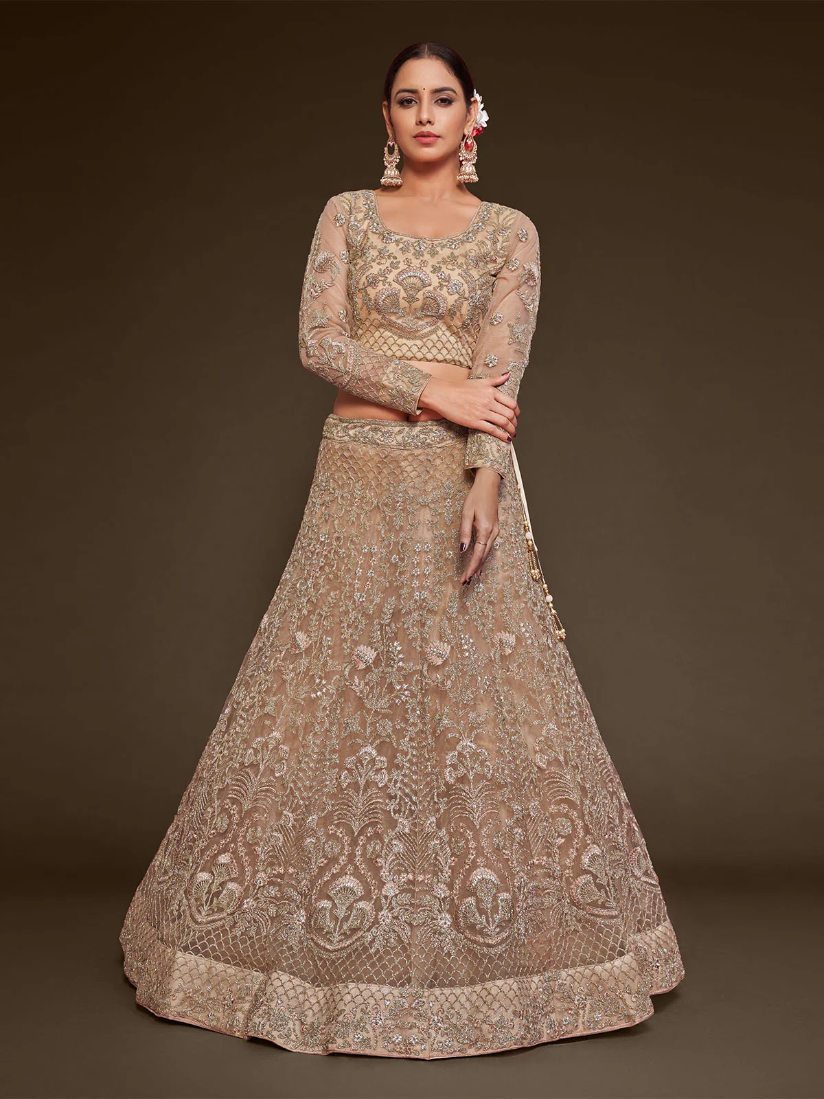 Odette Beige Soft Net Embellished Semi Stitched Lehenga With Unstitched Blouse For Women - Image 3
