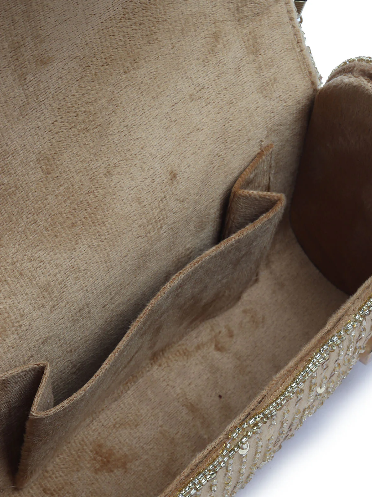 Odette Beige Suede Beads And Sequin Tasseled With Mirror Work Hand Bag For Women - Image 6